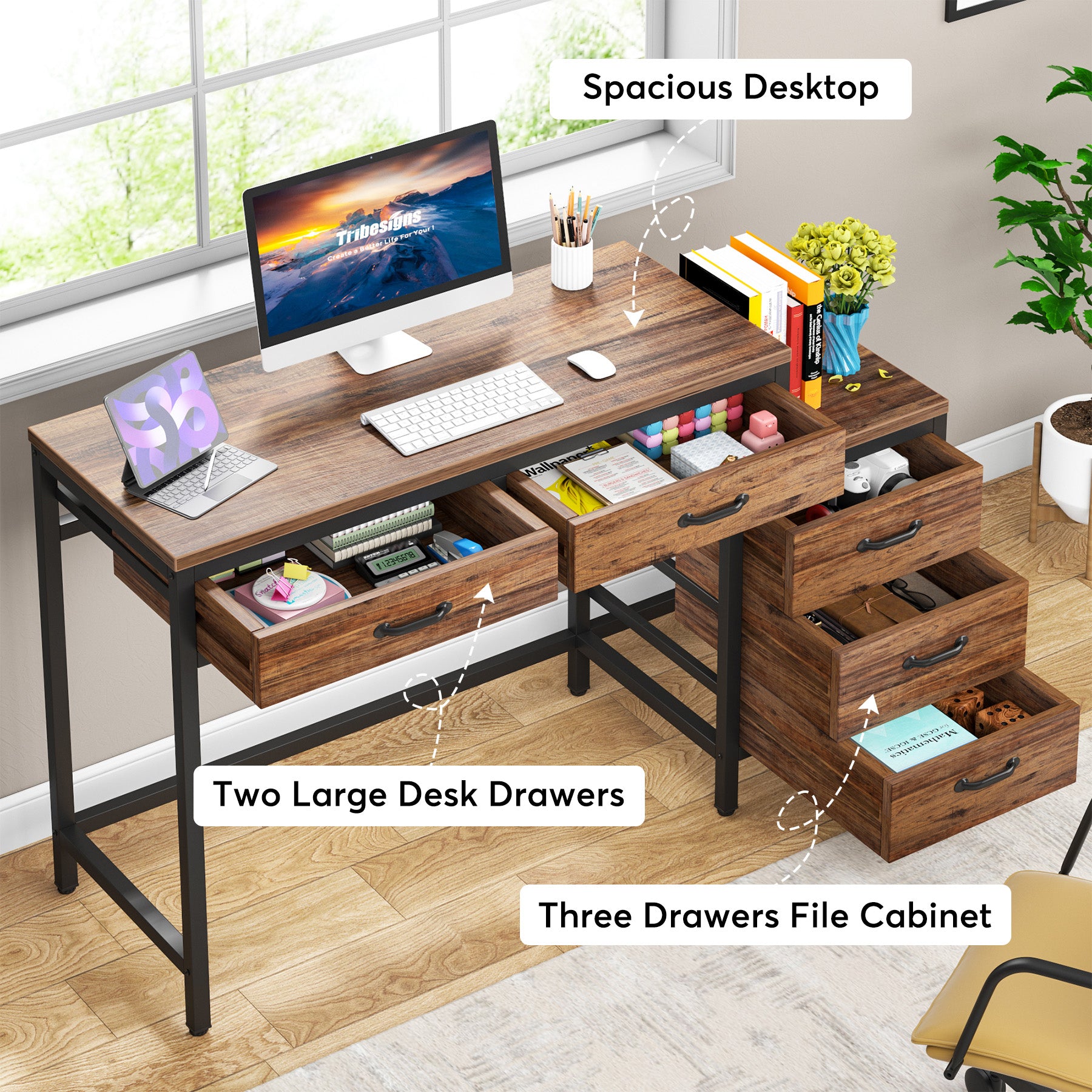 5-Drawer Computer Desk with Reversible Cabinet - Sturdy Study & Writing Table for Home Office, Gaming, and Workspace Organization