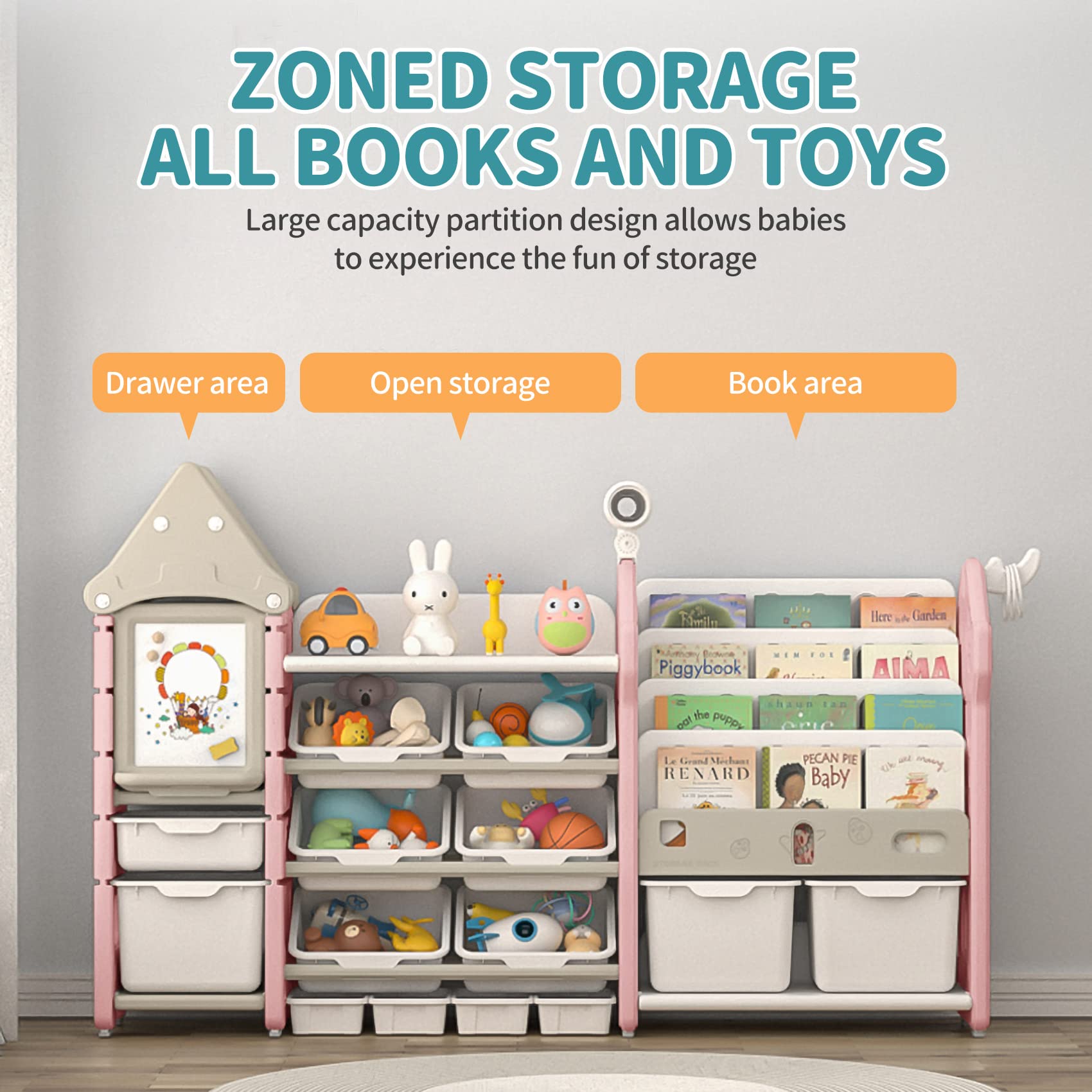 UNICOO Kids Toy Storage Organizer with 14 Bins & Pull-Out Drawers - Multifunctional Bookshelf for Toddlers to Organize Toys, Books, Clothes (Pink Magic Castle Design) - Perfect for Nursery, Playroom & Bedroom Organization