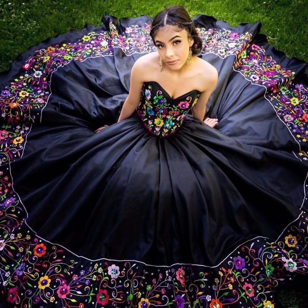Exquisite Mexican Style Quinceanera Dress with Floral Embroidery & Beads - Strapless Satin Ball Gown for Sweet 16, Prom 2025 - Perfect for Quinceañera Celebrations, Debutante Balls & Formal Dances