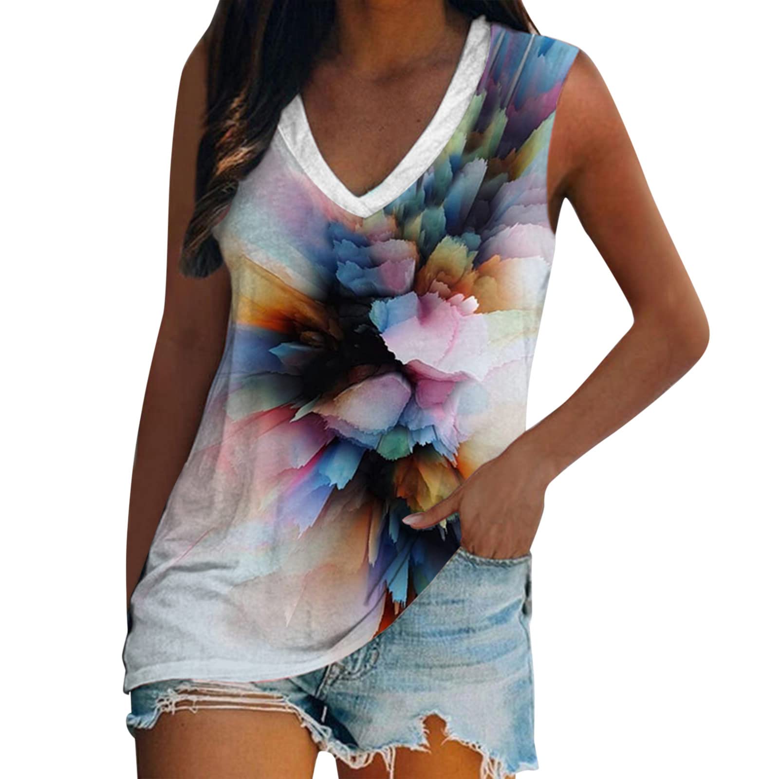 White Memory Women's V-Neck Printed Sleeveless Loose T-Shirt - Summer Fashion Casual Top for Beach, Travel & Everyday Wear