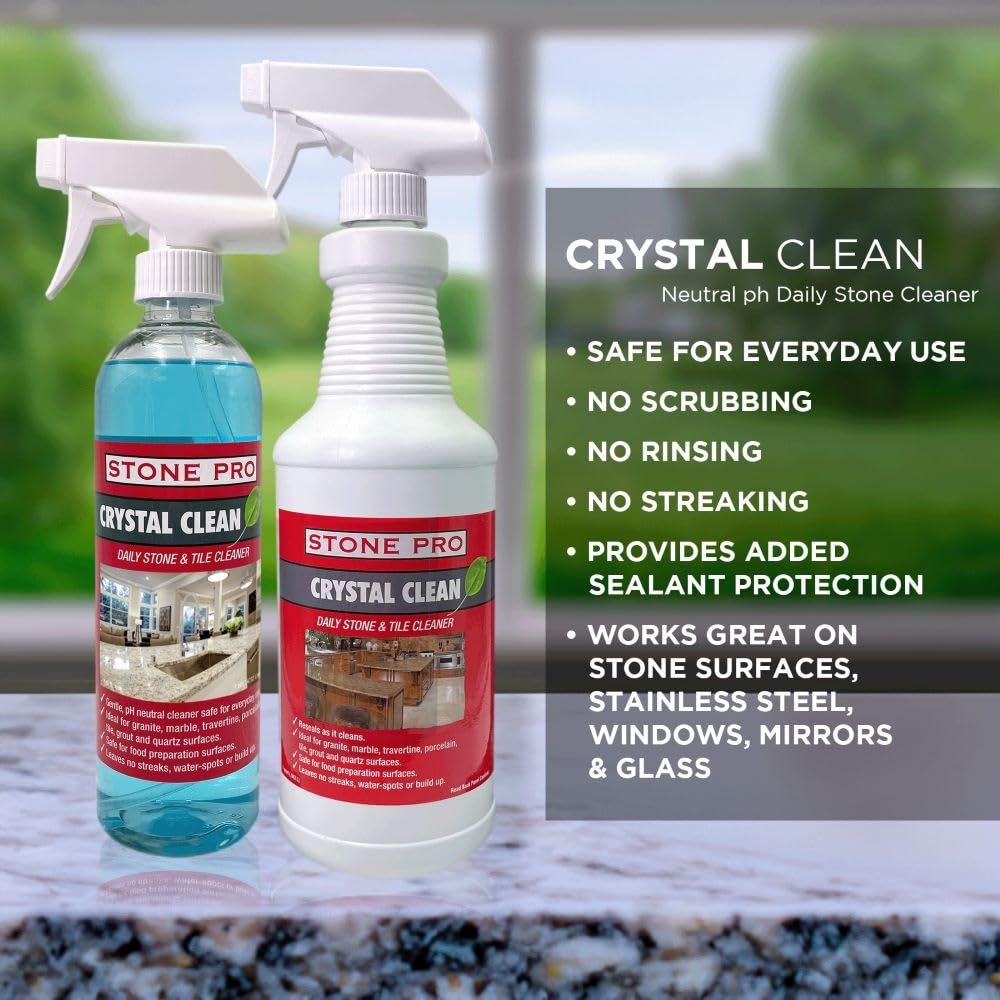 Stone Pro Crystal Clean - Premium Surface Cleaner & Sealer Concentrate (32 oz Quart) for Granite, Marble, Quartz Countertops - Perfect for Kitchen, Bathroom & Outdoor Stone Surfaces