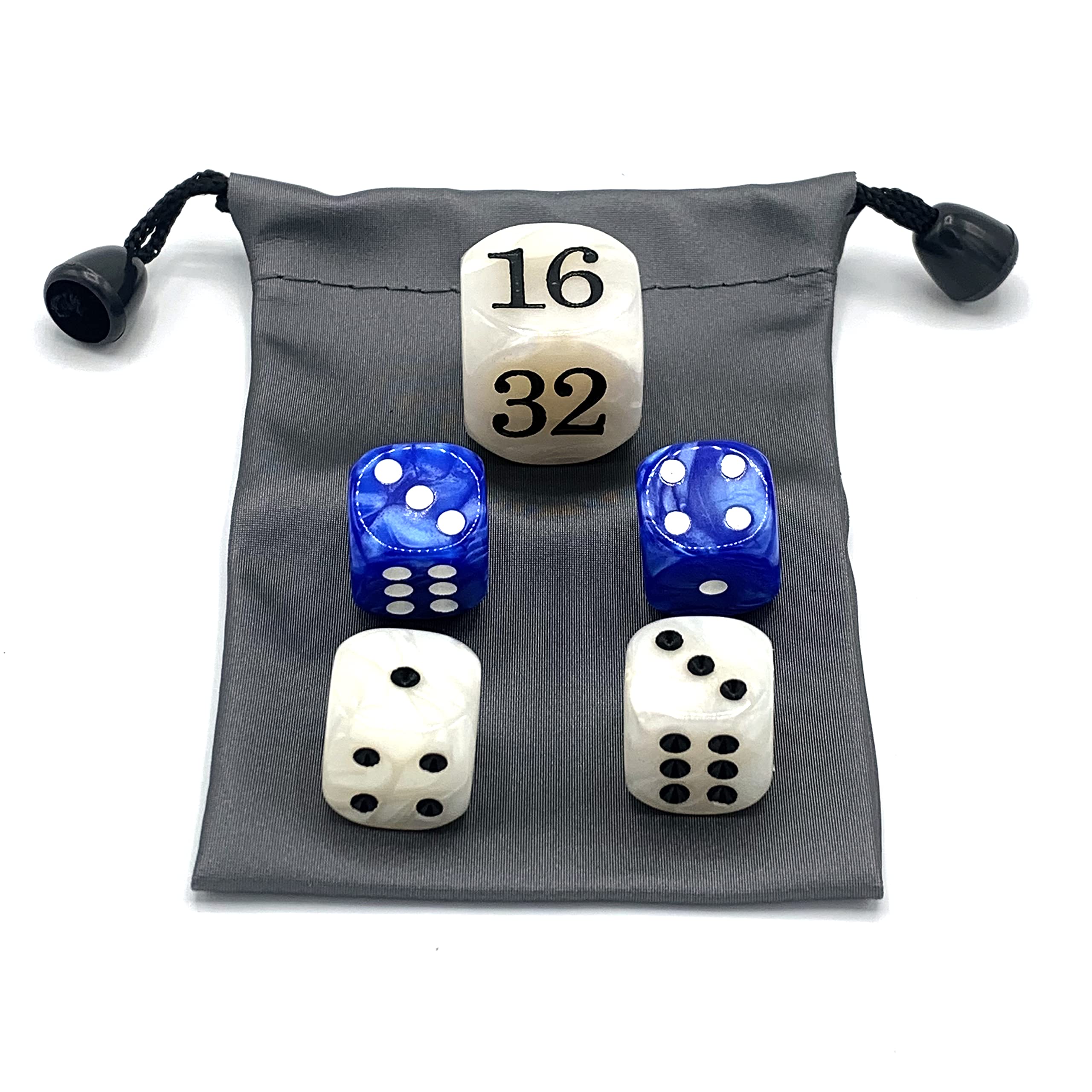 Luck Lab Backgammon Pearl Dice Set - 22mm Doubling Cube & 4x16mm Dice with Bonus Storage Bag | Blue/White Marble Design | Perfect for Board Games, Travel & Gifts