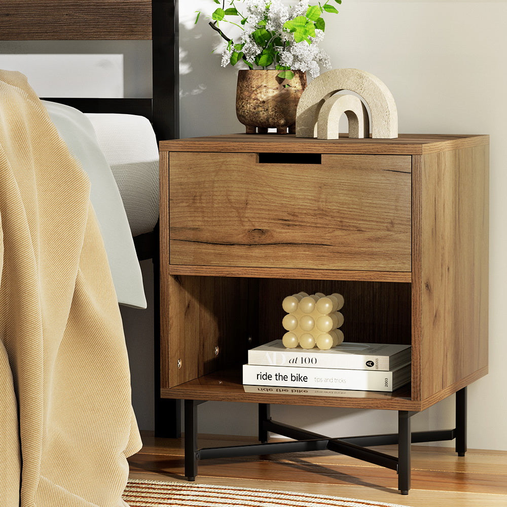 Rustic Oak Nightstand with Drawers and Shelf - Artiss Bedside Table for Bedroom Storage | Perfect for Small Spaces, Apartments, and Dorm Rooms