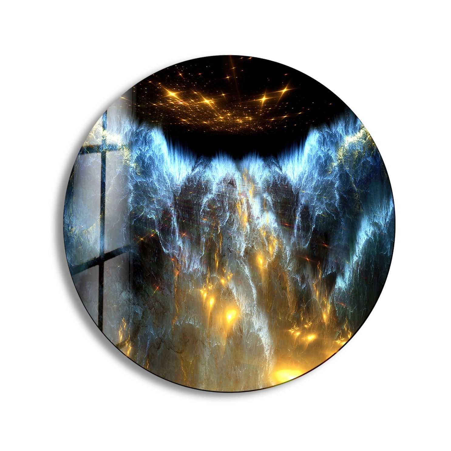 Blue and Gold Abstract Round Glass Wall Art - Modern Home Decor for Living Room, Bedroom & Office