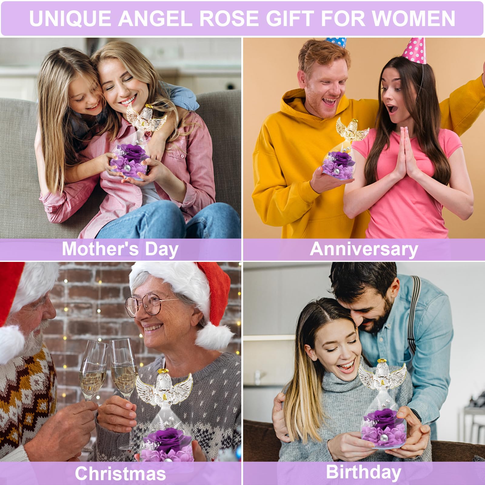 Angel Gifts for Women - Preserved Rose Flower in Glass Angel Figurine with LED Light, Perfect Mother's Day, Christmas, Thanksgiving & Valentine's Day Gift for Grandma, Mom & Wife - Romantic Home Decor & Thoughtful Present