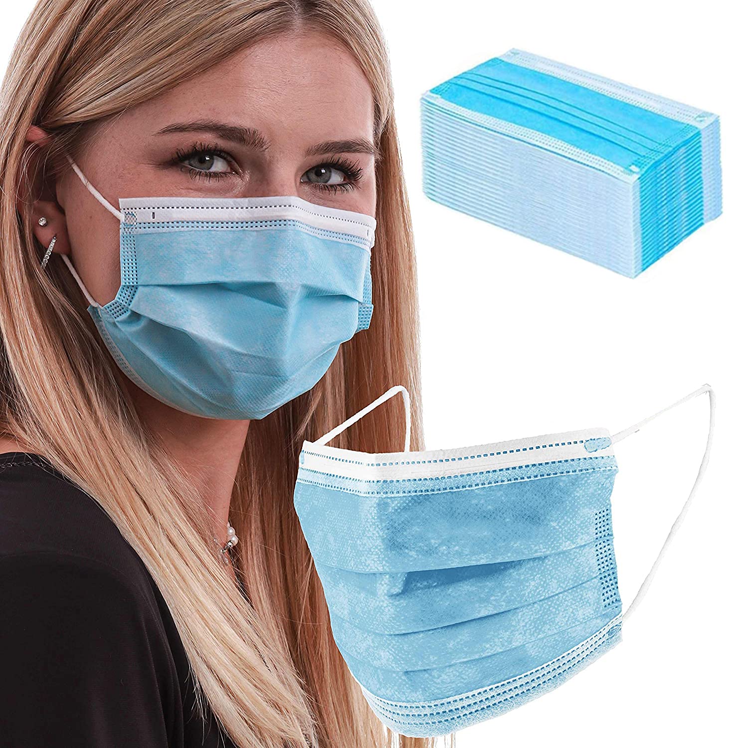 GreatDio Blue Disposable 3-Ply Face Masks 100 Pack - Breathable & Comfortable for Men & Women - CE/FDA/WHO Certified - Ideal for Daily Use, Travel & Public Safety Protection