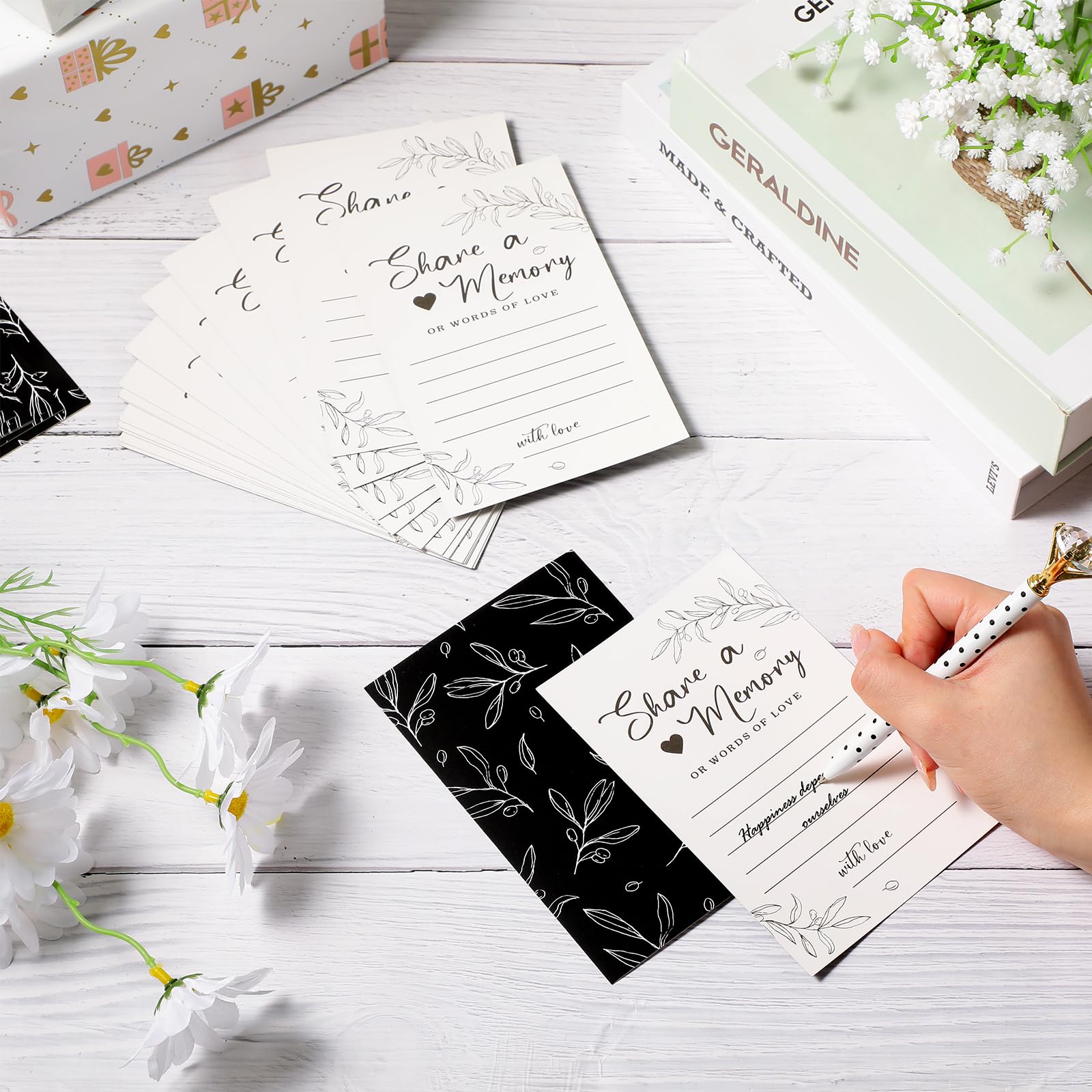 50 Pcs Greenery Memory Cards - Elegant Guest Book Alternative for Funerals, Weddings, Graduations, Bridal Showers, Birthdays & Anniversaries - Perfect for Collecting Cherished Memories (Black) - Great for Scrapbooking, Keepsake Boxes & Memorial Displays