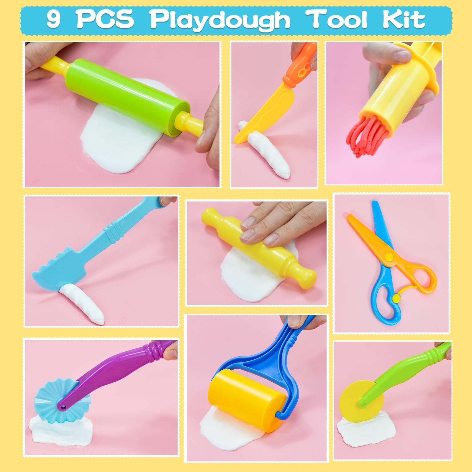 9-Piece Playdough Tool Set for Kids Ages 4-8 - Includes Cutters, Roller, Rolling Pins & Safety Scissors - Creative Dough Accessories for Arts, Crafts & Sensory Play - Perfect for Preschool Learning & Birthday Gifts