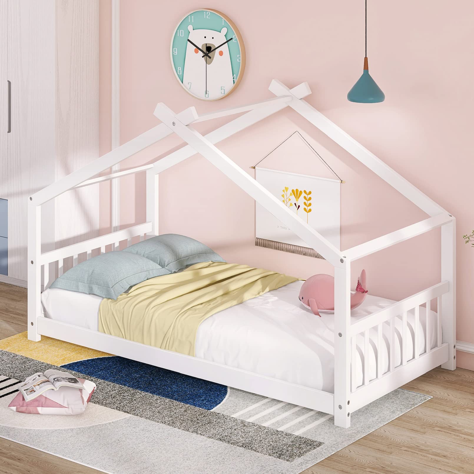 Modern Twin Size Wooden House Platform Bed Frame with Roof, Headboard & Footboard - Easy Assembly, Solid Wood Support for Kids Bedroom - No Box Spring Needed - White - Perfect for Boys & Girls Bedrooms, Playrooms & Cozy Sleepovers