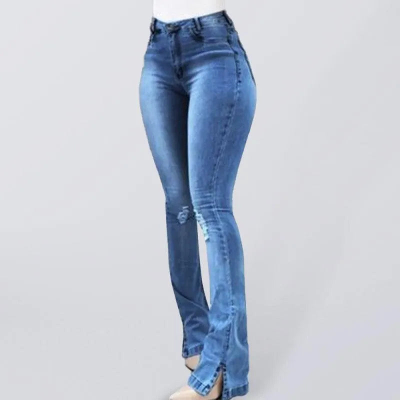 Women's High Waist Flared Jeans with Slit Detail - Trendy Bootcut Denim Pants for Casual Outfits & Night Out