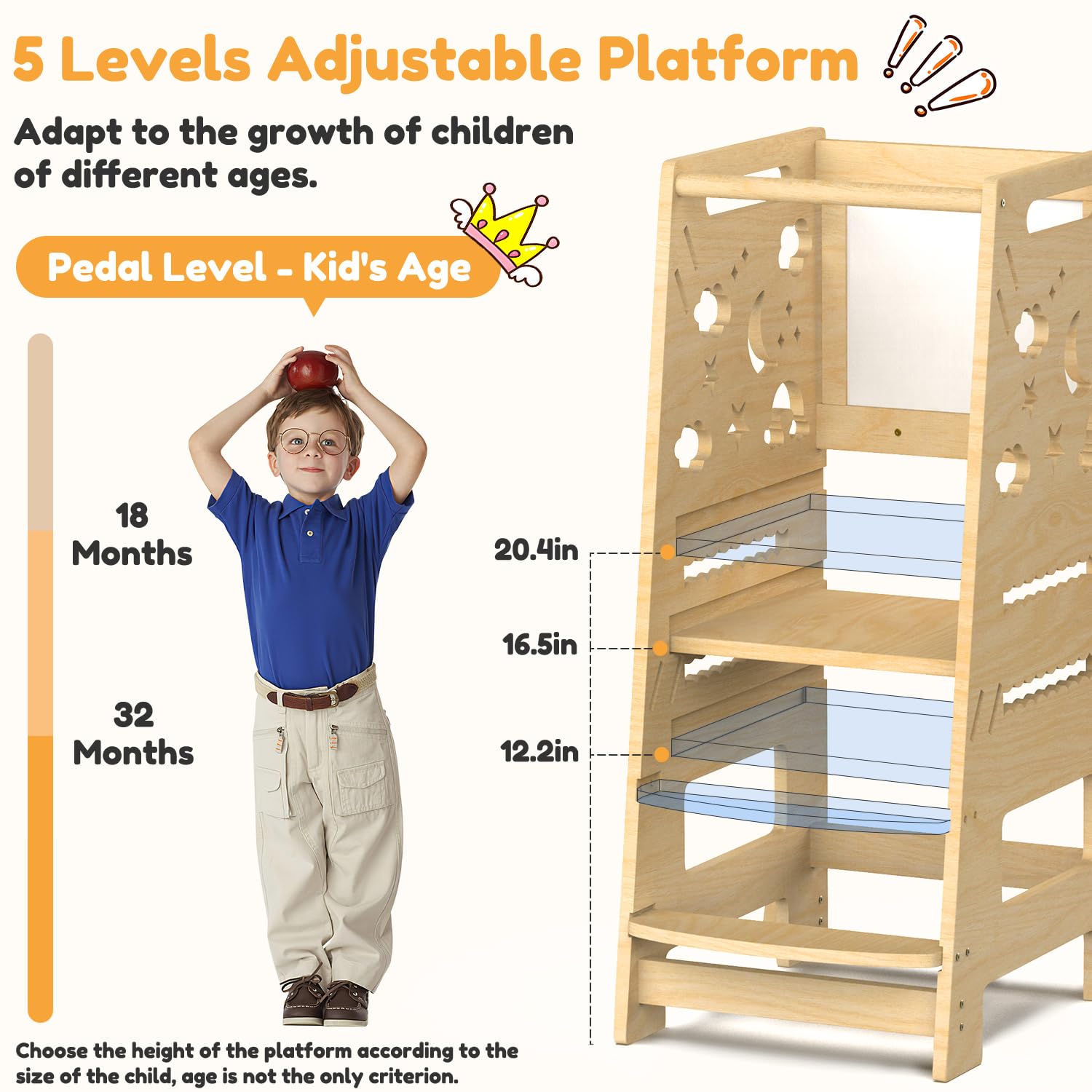 Natural Wood Adjustable Height Toddler Tower with Safety Rail - Montessori Learning Step Stool for Kids, Perfect for Kitchen Counter & Bathroom Use, Ideal for Cooking, Baking & Handwashing Activities