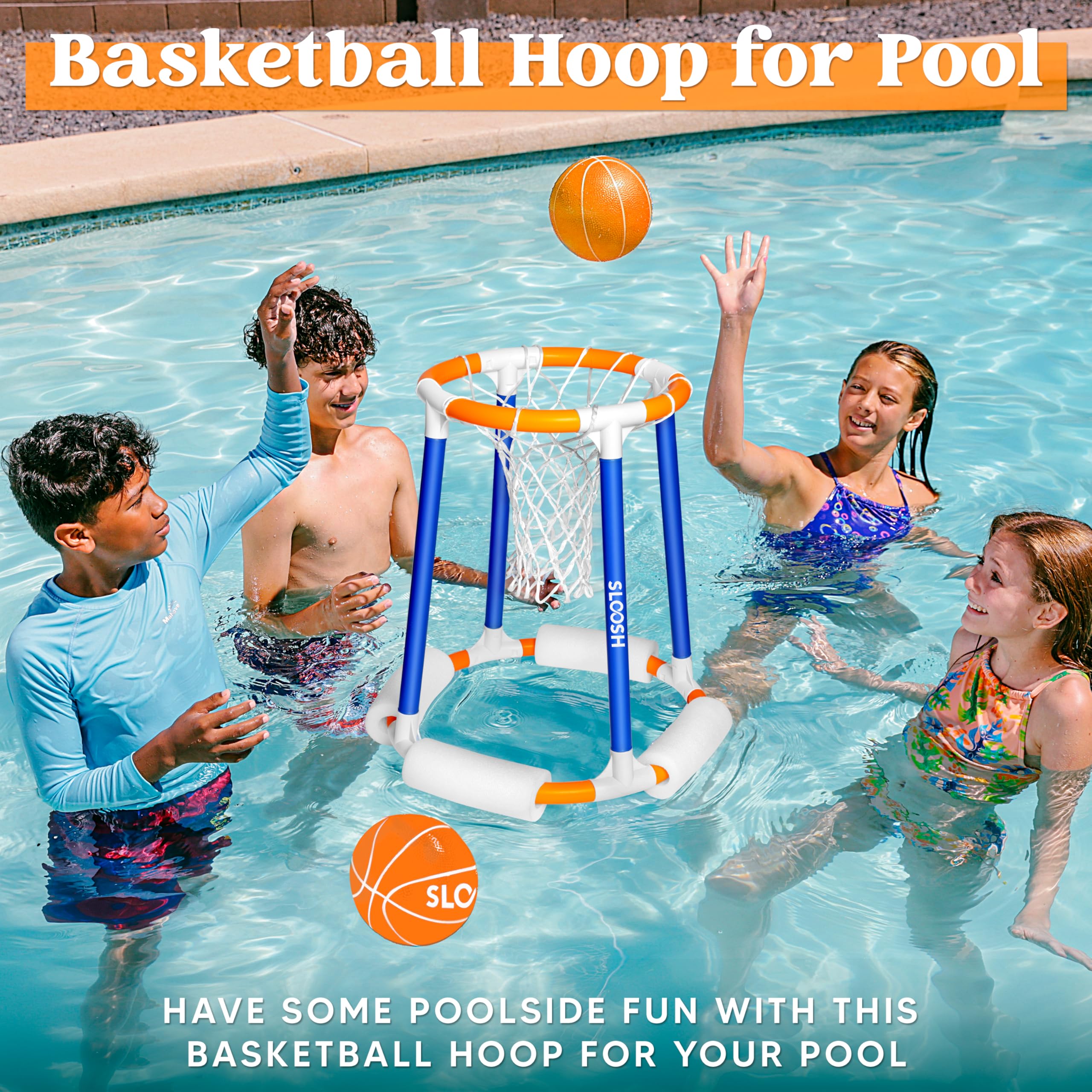 Floating Basketball Hoop for Pool - Sloosh Inflatable Water Basketball Game Set with Pump & Balls - Outdoor Swimming Pool Toys for Kids Adults - Perfect for Summer Parties, Beach Vacations & Backyard Fun (Blue/Orange)