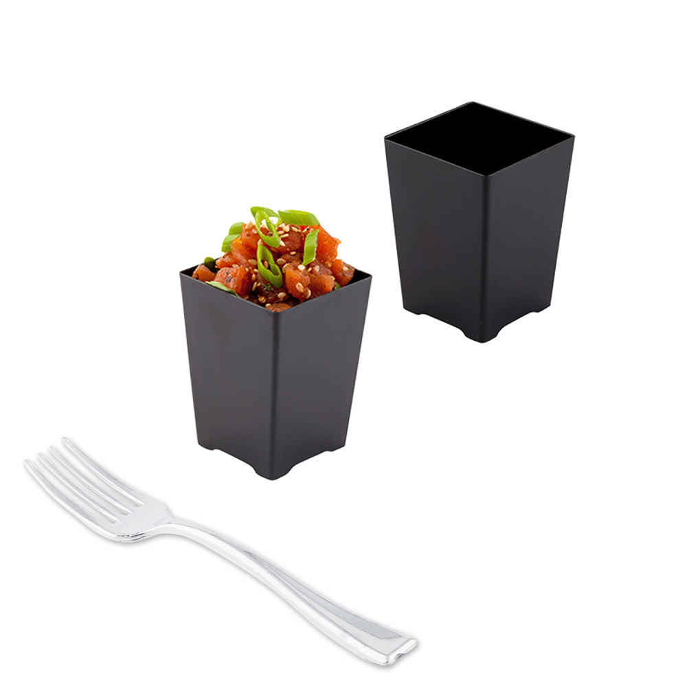 100 Pack 4 oz Square Black Plastic Tall Quadrato Cups with 100 Silver Mini Plastic Forks - Disposable Party Cups and Cutlery Set for Weddings, Picnics, and Events