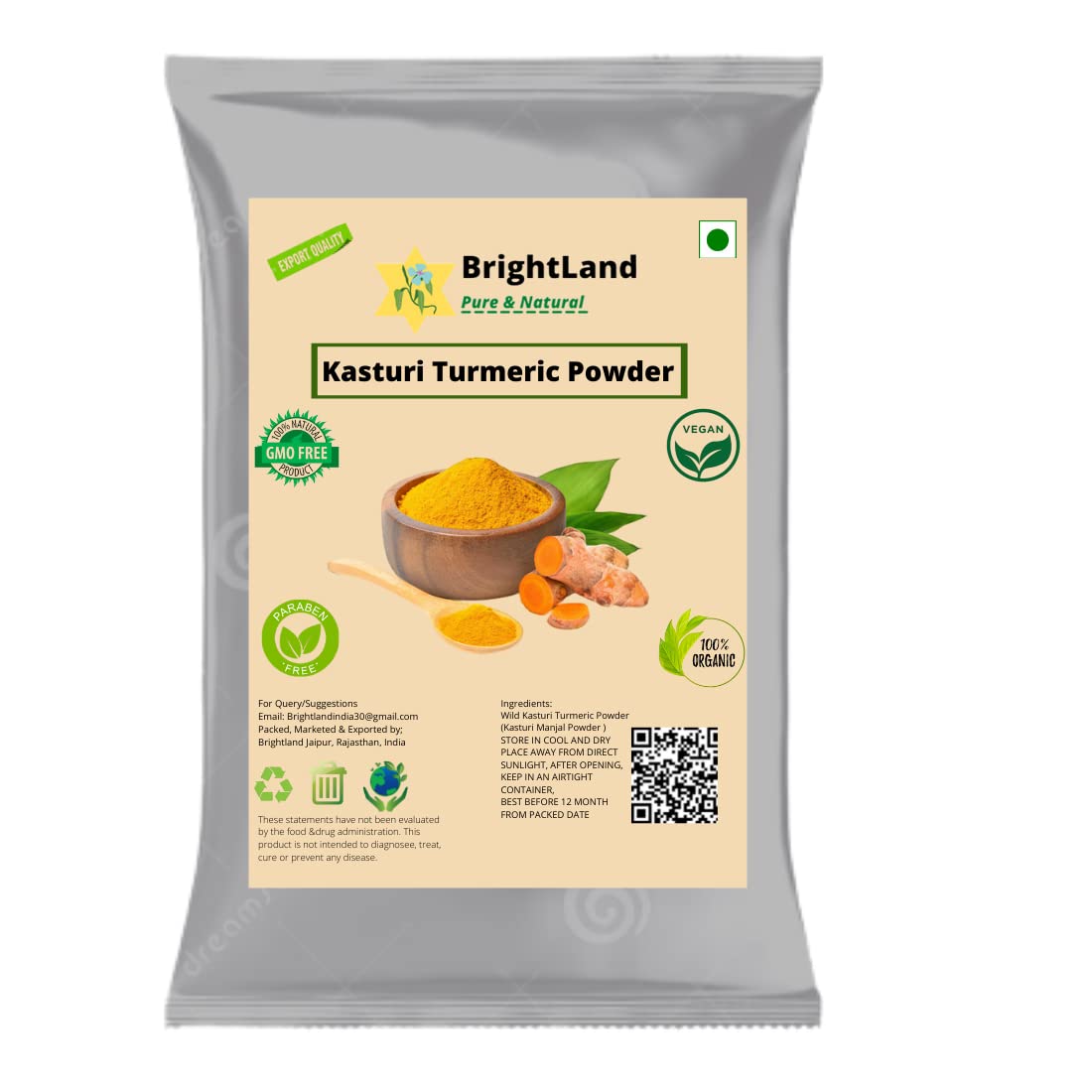 **Brightland Organic Wild Turmeric Powder (Kasthuri Manjal) – 100g | Natural Skin Brightening & Face Whitening | Curcuma Aromatica for Glowing Skin – Perfect for DIY Face Masks & Ayurvedic Beauty Rituals**