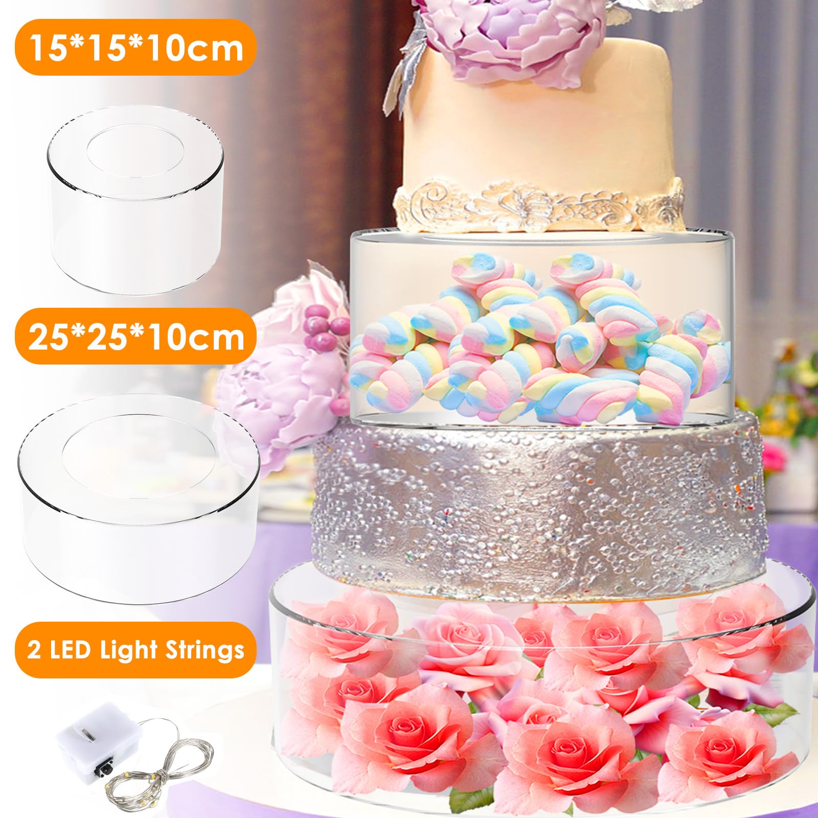 2Pcs Clear Acrylic Cake Stand with LED Lights - Fillable Round Dessert Display Riser, Stackable Cake Box for Wedding, Birthday Party, Bakery Display (Ideal for Cakes, Cupcakes, Toys & Floral Arrangements)