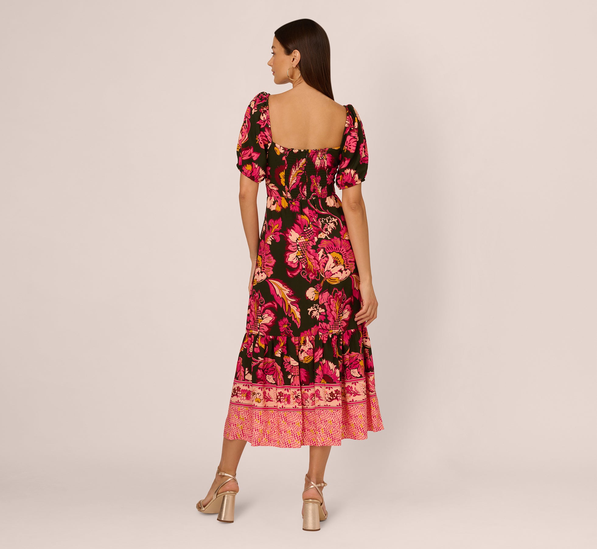 Floral Print Maxi Dress with Puff Sleeves - Women's Boho Summer Dress in Hunter Multi Color | Perfect for Beach Vacations, Weddings & Outdoor Parties
