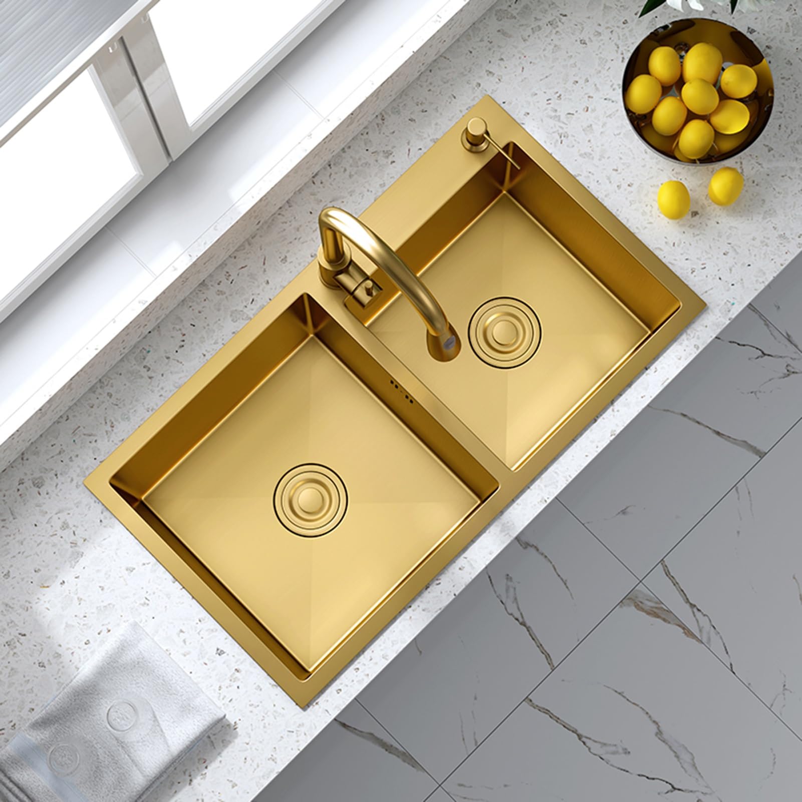 Handmade Nano Gold Double Basin Stainless Steel Kitchen Sink with Soap Dispenser - Large Capacity, Stylish & Durable (Color: Gold, Size: 82cm) - Perfect for Modern Kitchens, Restaurants & Luxury Home Renovations