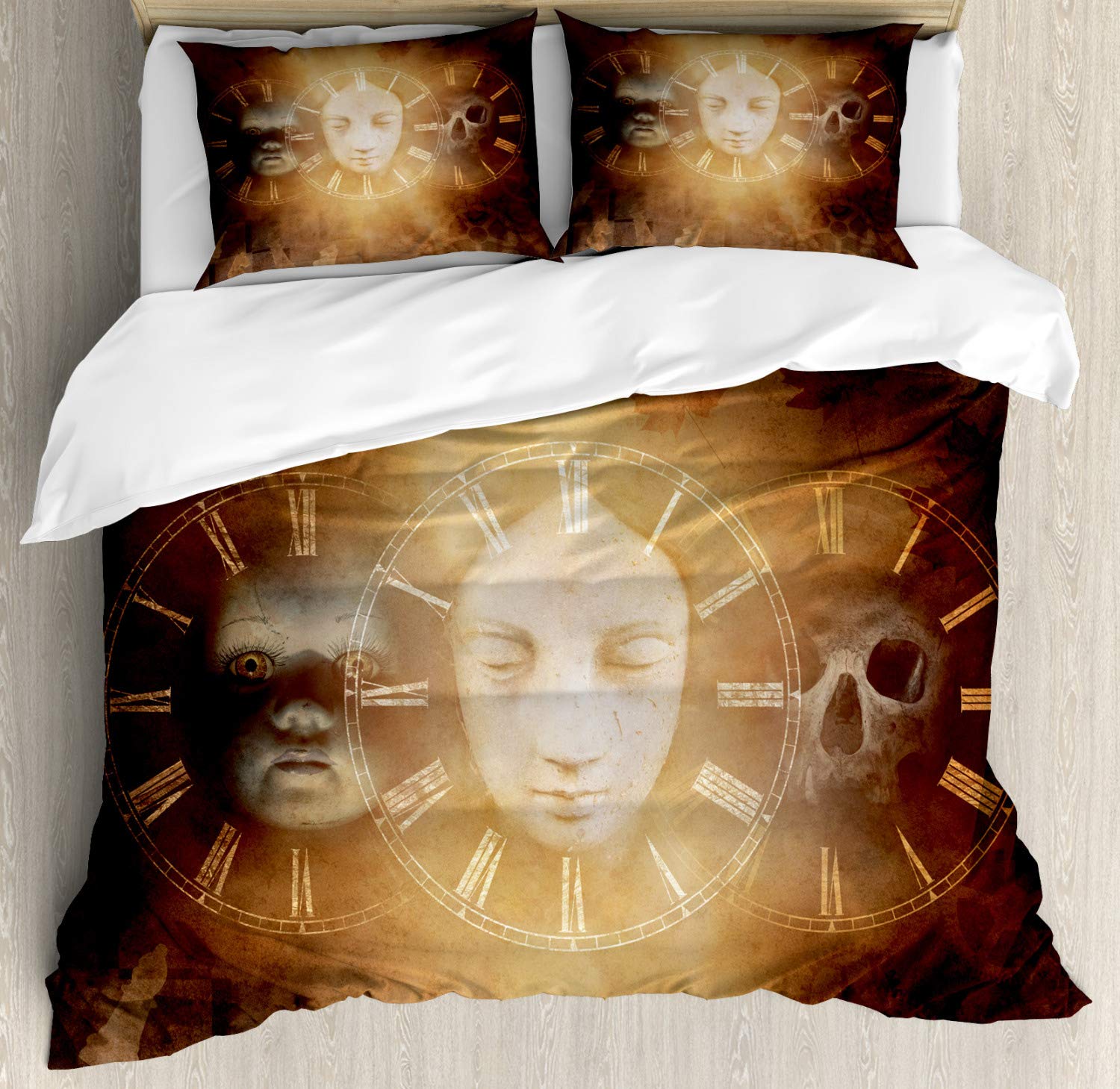 Ambesonne Psychedelic Duvet Cover Set - Gothic Skull Art Design 3-Piece Bedding with 2 Pillow Shams, California King Size in Yellow Tan | Perfect for Halloween Decor, Gothic Bedroom Theme & Unique Home Decor