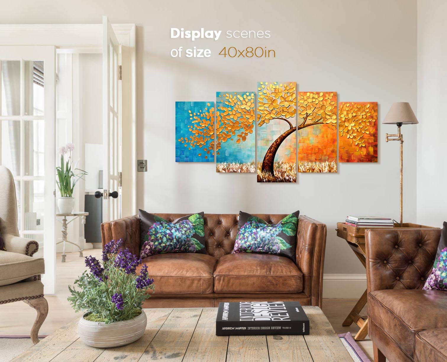 Large Canvas Wall Art - 80x40in Gold Tree & Cherry Blossom Flower Painting with 3D Textured Petals, Framed Home Decor for Living Room & Office | Modern Wall Decorations for Bedroom, Dining Room & Workspace