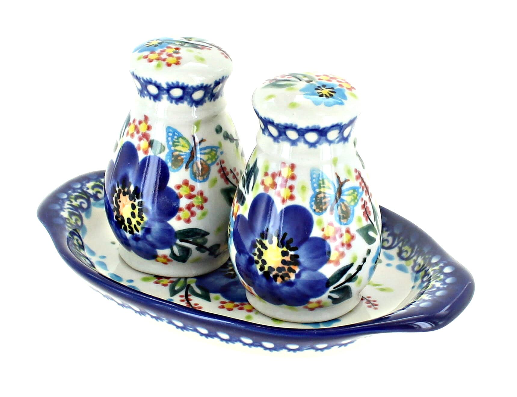 Handmade Blue Rose Polish Pottery Salt and Pepper Shakers Set with Decorative Tray - Vintage Ceramic Spice Containers for Kitchen, Dining Table, and Gift Giving