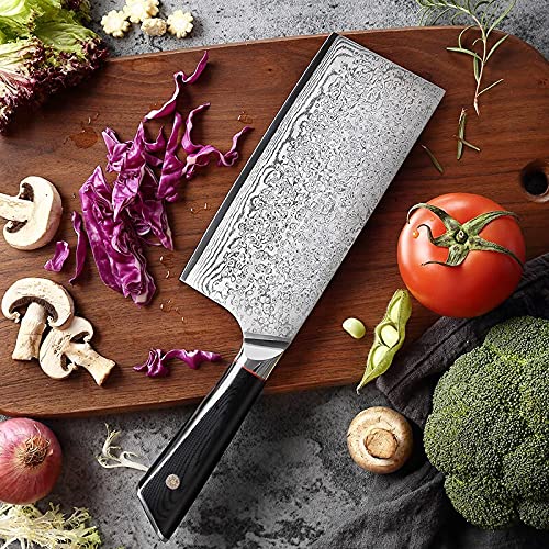 7'' High Carbon VG10 Damascus Steel Meat Cleaver Knife - Professional Chef & Butcher Kitchen Knife for Sharp Slicing & Chopping - Perfect for Home Cooking, BBQ, and Meat Preparation