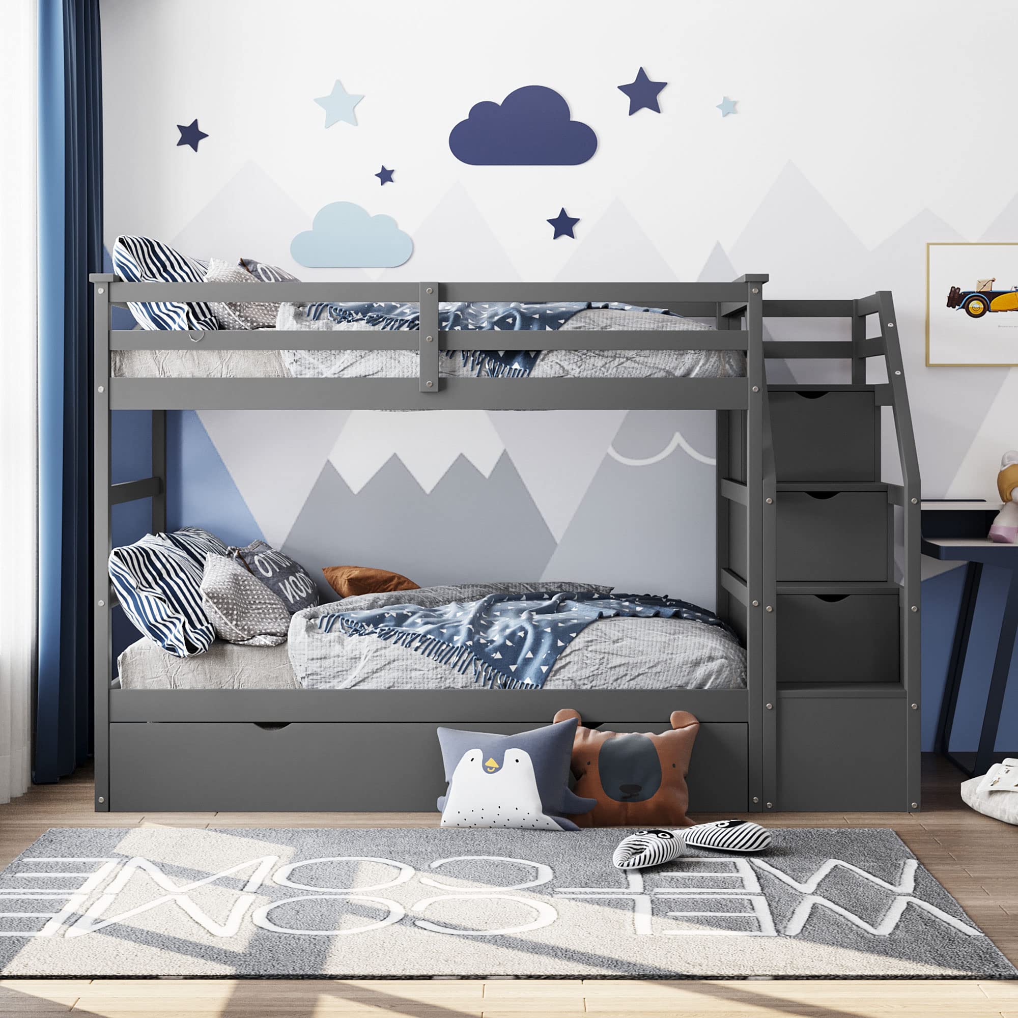 Wooden Twin Bunk Bed with Stairs & Storage Drawers - Space-Saving Kids Bunk Bed with Pull-Out Trundle for Boys & Girls (Grey) - Perfect for Small Bedrooms, Shared Kids Rooms & Sleepovers
