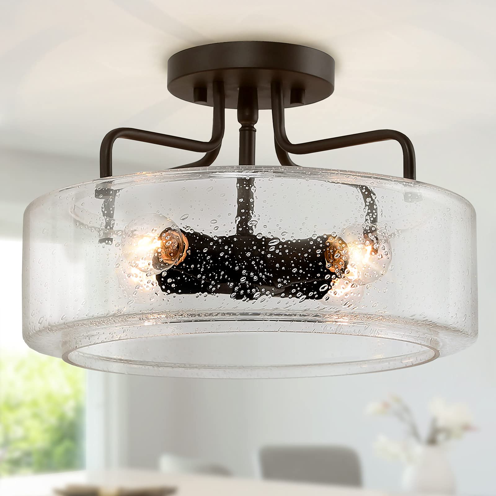 Farmhouse Semi Flush Mount Ceiling Light Fixture - 4-Light Oil Rubbed Bronze with Drum Seeded Glass Shade - Perfect for Hallway, Bedroom, Kitchen, Foyer & Bathroom Lighting - Ideal for Rustic, Vintage and Traditional Home Decor