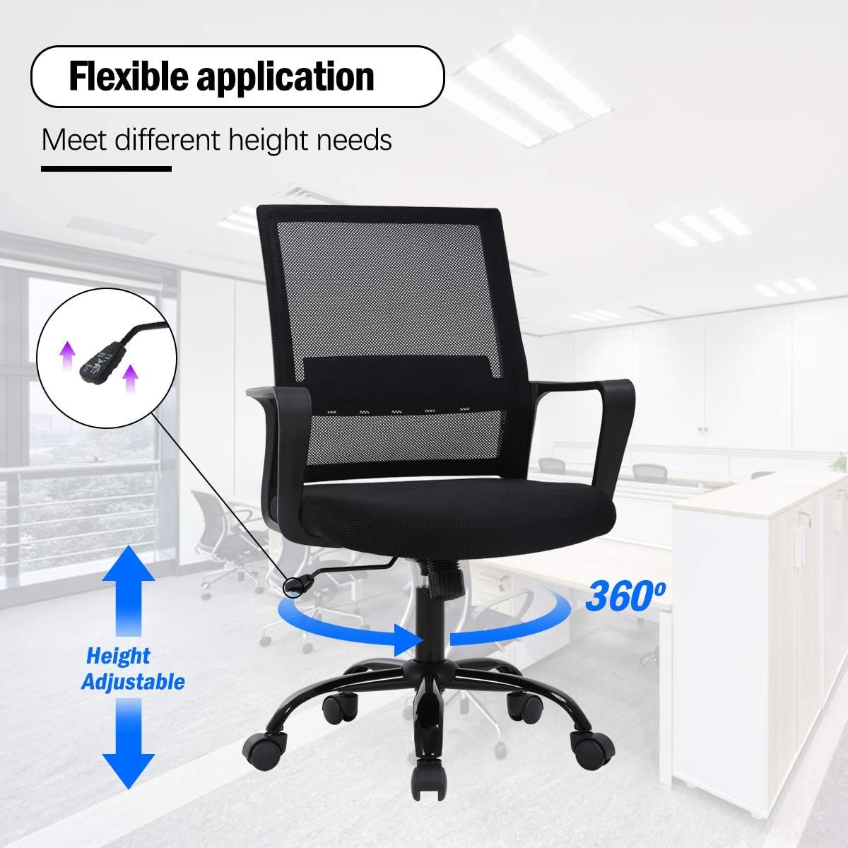 Ergonomic Office Chair - Adjustable Height Mesh Computer Desk Chair with Lumbar Support & Armrests - Modern Swivel Task Chair for Women & Men - Perfect for Home Office, Gaming & Workspaces - Black