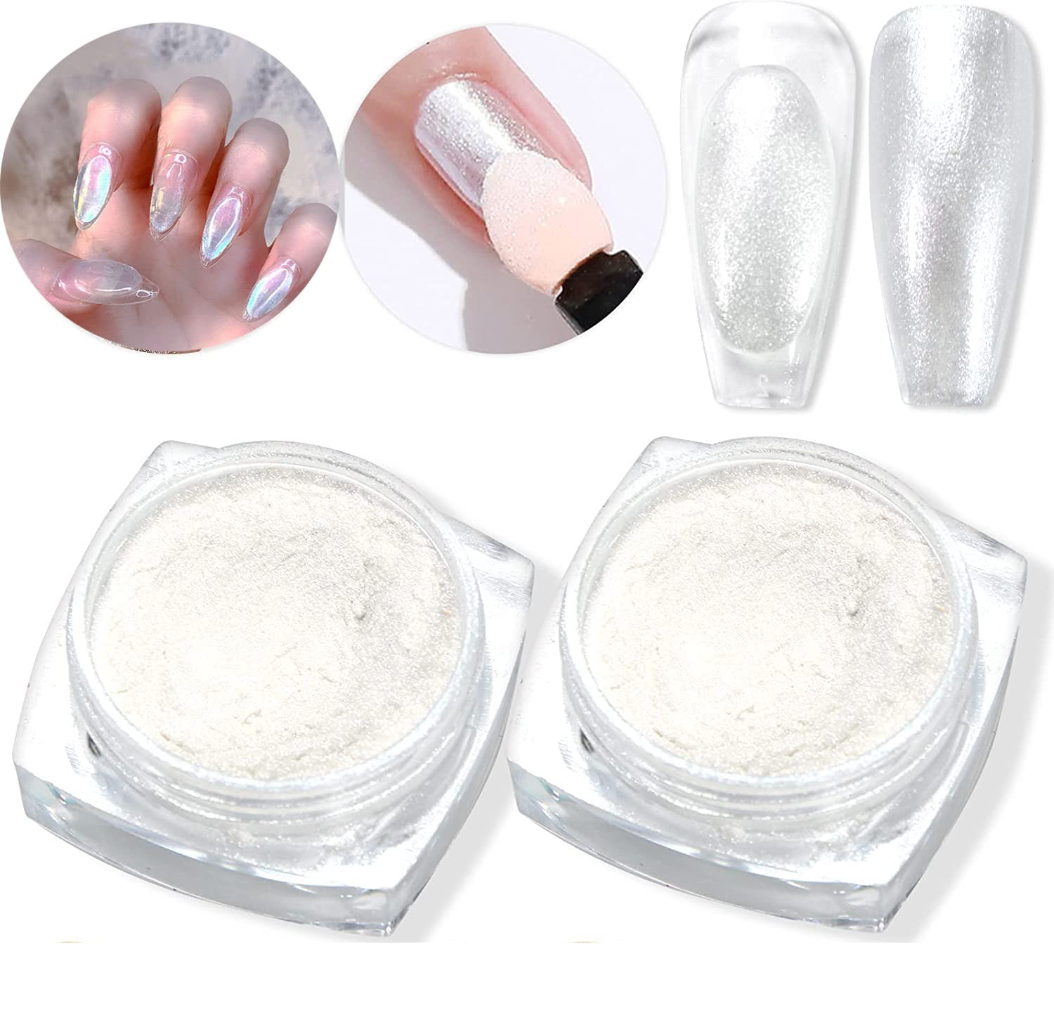 2 Boxes Pearl Nail Powder - Pearlescent White Nail Art Pigment with High Gloss Glitter & Holographic Ice Aurora Effect | DIY Chrome Powder for Home Manicure, Salon Nail Art Decoration | Perfect for Gel Polish, Acrylic Nails & Professional Nail Designs