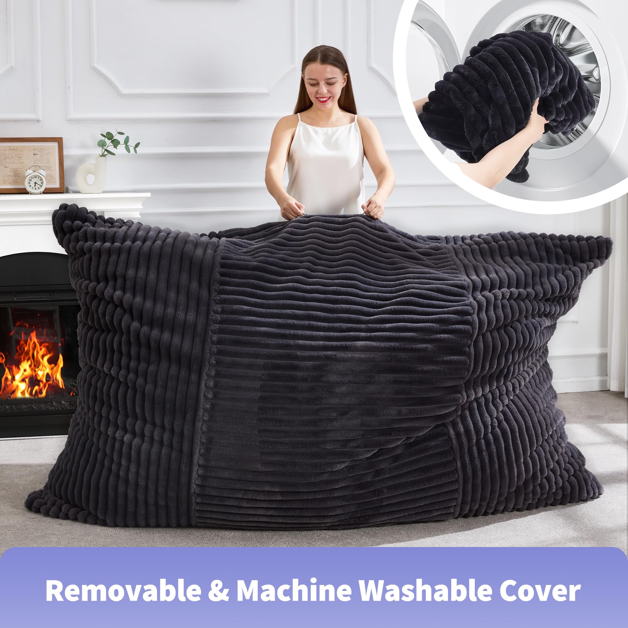 Hobestluk 3-in-1 Convertible Bean Bag Chair - Giant Floor Cushion with Machine Washable Cover for Adults - Dark Grey - Perfect for Living Room, Bedroom & Game Room Relaxation