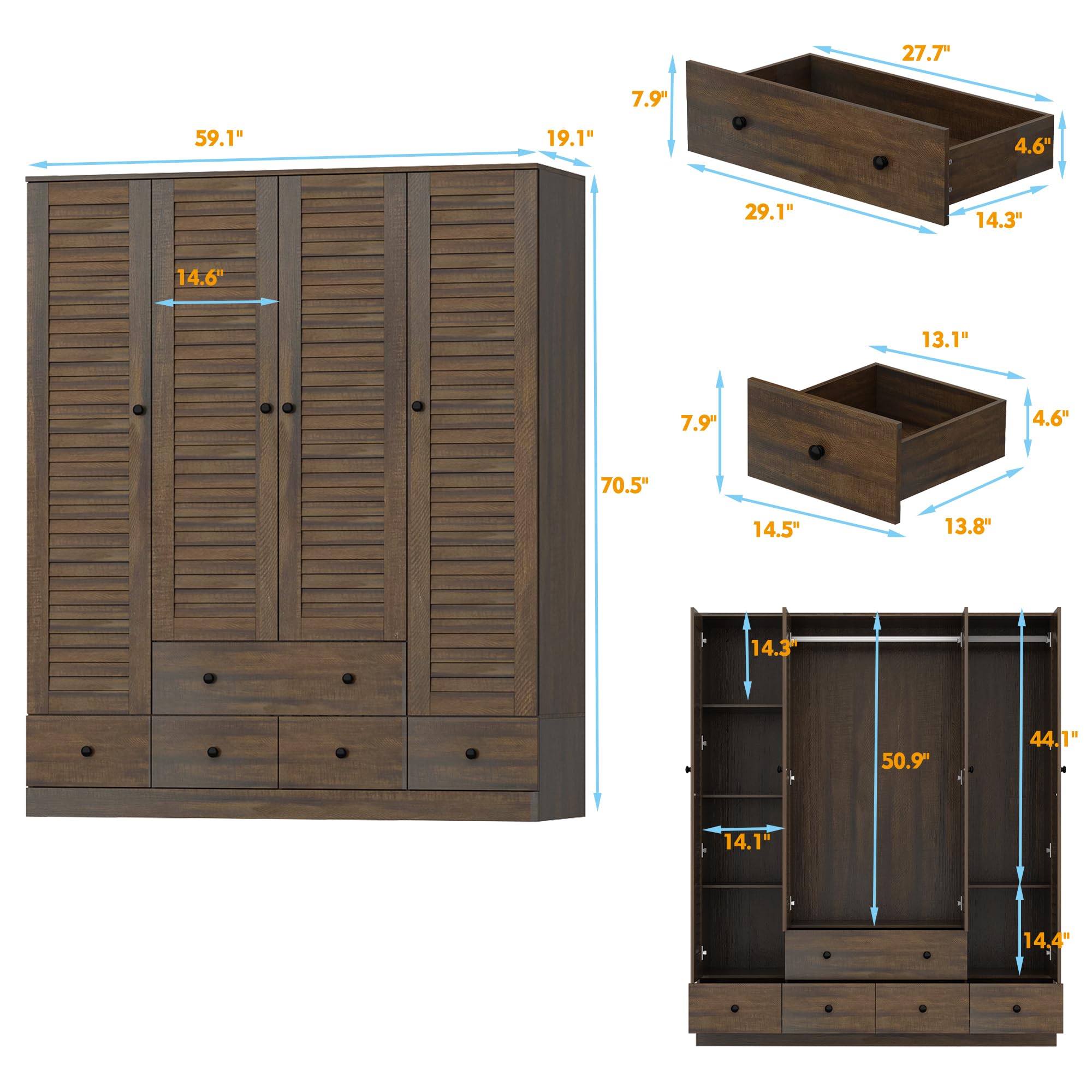 MOUMON 4-Door Wardrobe Closet with Shelves & 5 Drawers - Freestanding Armoire with 2 Hanging Rods for Bedroom, Living Room or Dorm - Espresso Brown (59