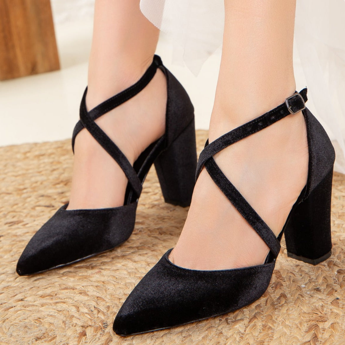 Black Velvet Criss Cross Strap High Heels for Women - Elegant Party & Evening Shoes for Prom, Wedding, and Special Occasions