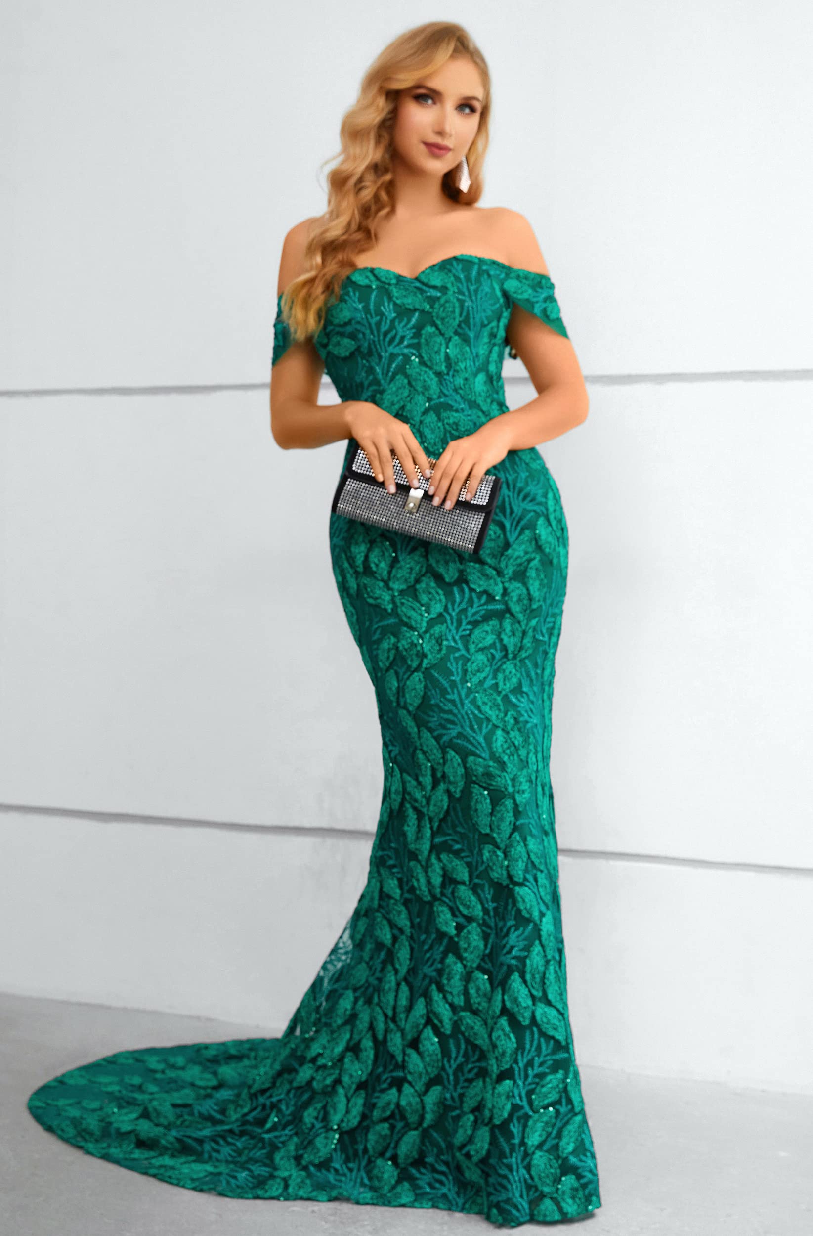 Elegant Women's Off-Shoulder Lace Applique Mermaid Evening Gown for Prom, Wedding, and Formal Events | Plus Size Options Available | Perfect for Black Tie Parties, Galas, and Special Occasions