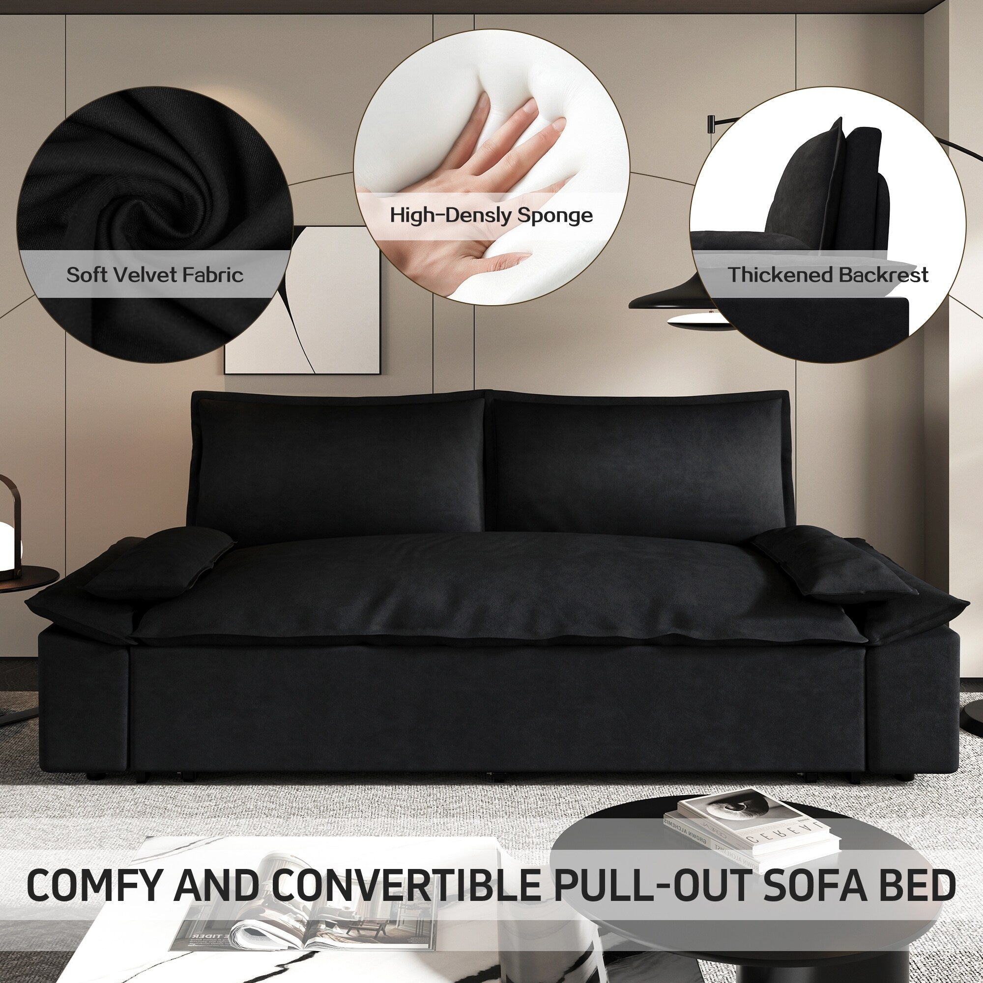 3 in 1 Convertible Sleeper Sofa Bed - Queen Size Pull Out Couch with Velvet Upholstery & Pillows - Space Saving Furniture for Small Apartments, Guest Rooms & Home Offices