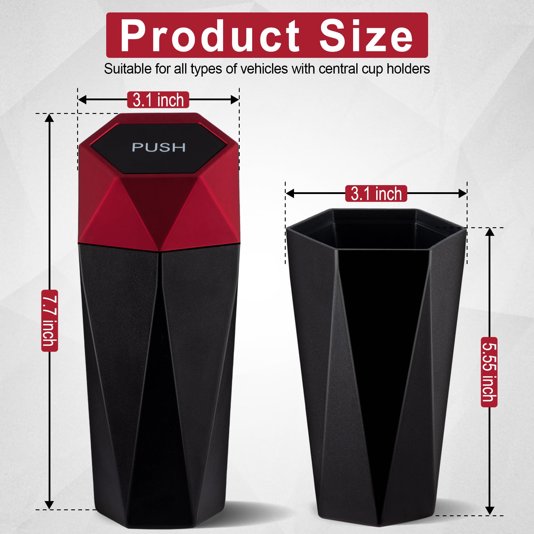 LivTee Diamond Design Car Trash Can with Lid - Small Automatic Portable Trash Bin with 4 Car Purse Hooks - Interior Car Accessories for Women & Men (Red) - Perfect for Road Trips, Commuting & Keeping Your Vehicle Clean