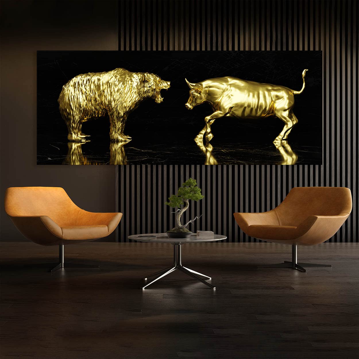 Bull vs Bear Wall Art Canvas Print - 20x8 Inches Gold Trading Office Decor, Entrepreneur Gift, Financial Motivational Poster for Home & Office | Sense Canvas | Perfect for Stock Traders, Investors & Finance Professionals