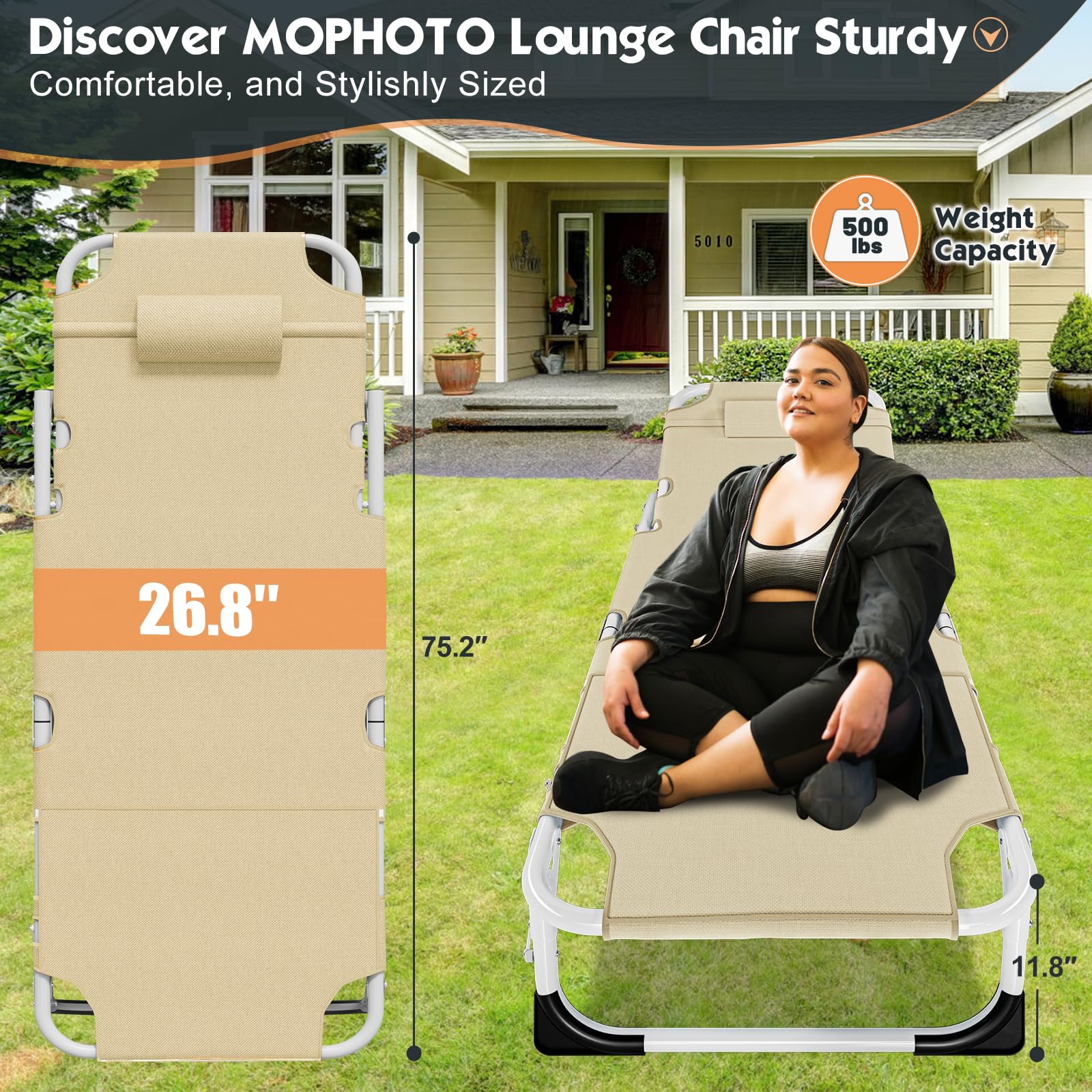MOPHOTO 5-Position Folding Lounge Chair - Portable Outdoor Chaise Lounge for Sunbathing, Pool, Beach & Patio - Lightweight & Adjustable for Camping, Backyard Relaxation & Travel