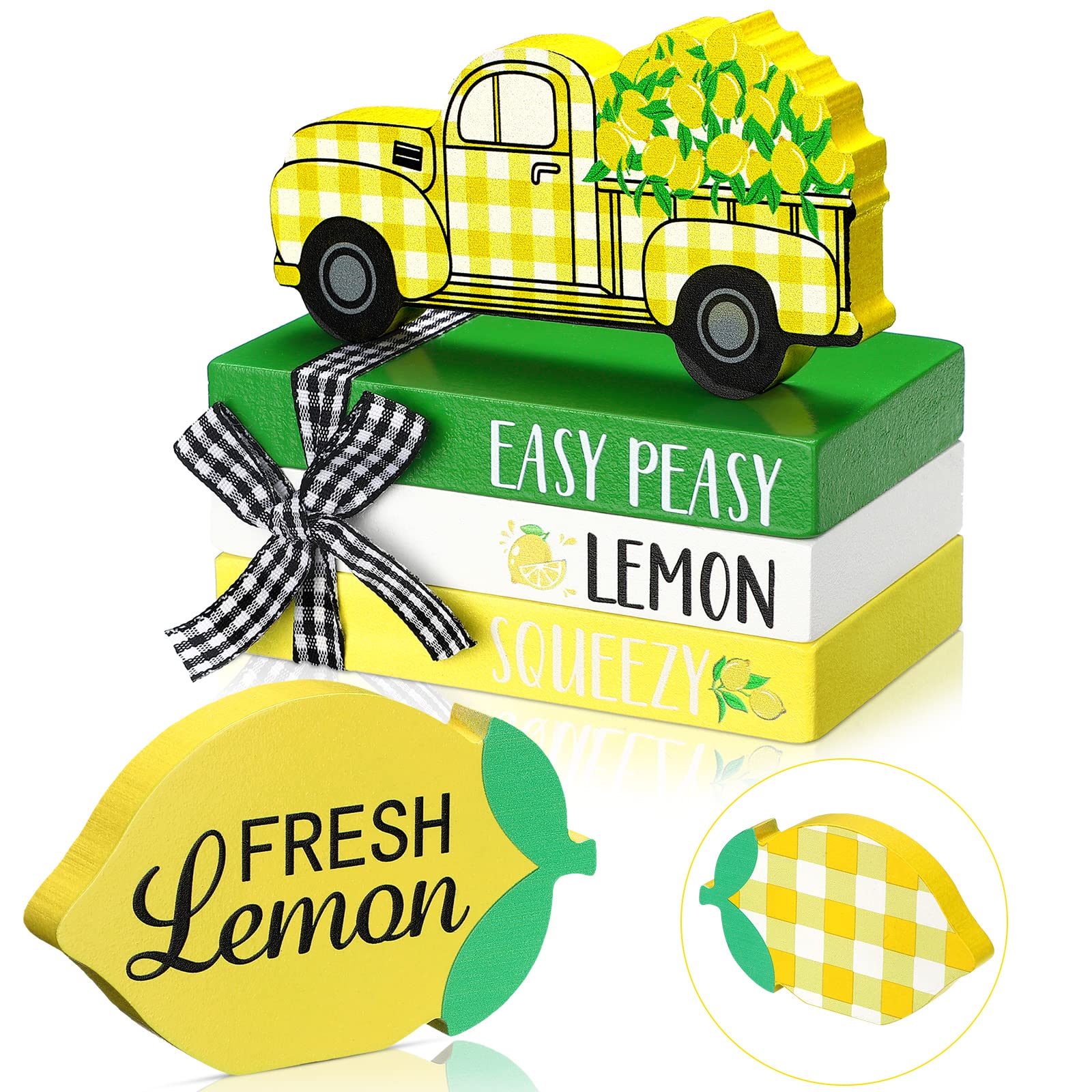 5-Piece Mini Wooden Decorative Books Stack with Rustic Truck & Twine - Farmhouse Kitchen Decor for Tiered Tray, Shelf Display (Lemon Yellow) | Perfect for Summer Home Styling, Coffee Table Centerpiece & Rustic Wedding Decor