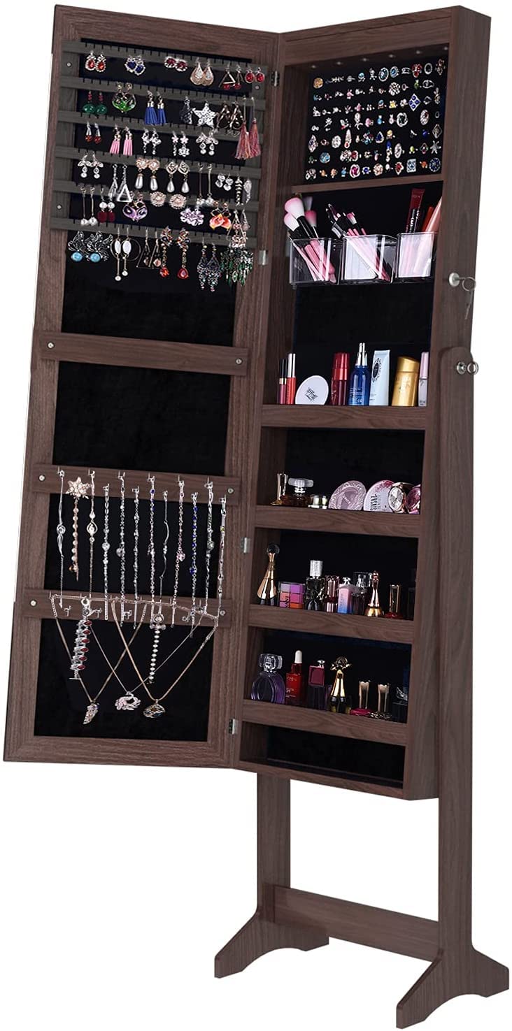 DlandHome Free Standing Jewelry Cabinet with Full Length Mirror - Locking Jewelry Armoire Organizer with Makeup Storage, Brown Wooden Floor Mirror Jewelry Case | Perfect for Bedroom, Dressing Room & Closet Organization
