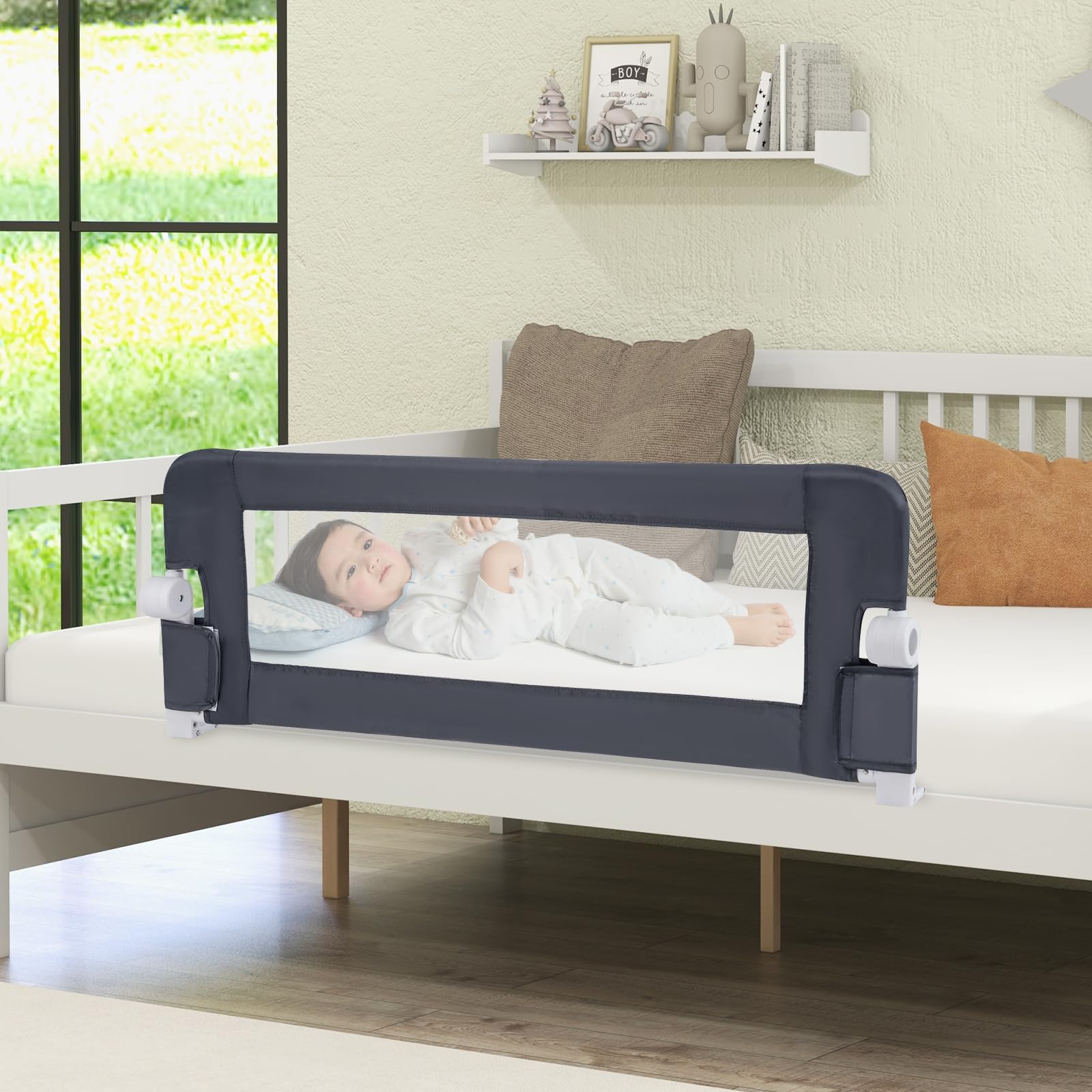 HONEY JOY Extra Long Foldable Portable Swing Down Safety Bed Rail for Toddlers - 2 Pack (47 Inch, Gray) | Fits Crib, King, Queen, Full, Twin & Bunk Beds | Perfect for Travel, Home & Child Safety