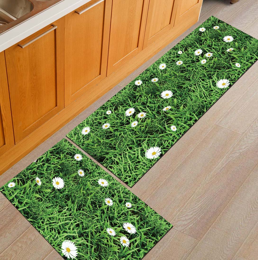 Non-Slip Kitchen Mats and Rugs - Grass Wild Flower Design Indoor Floor Area Rug, Low Profile Absorbent Runner for Home, Bathroom, Bath, Bedroom | Perfect for High-Traffic Areas, Pet-Friendly & Easy to Clean