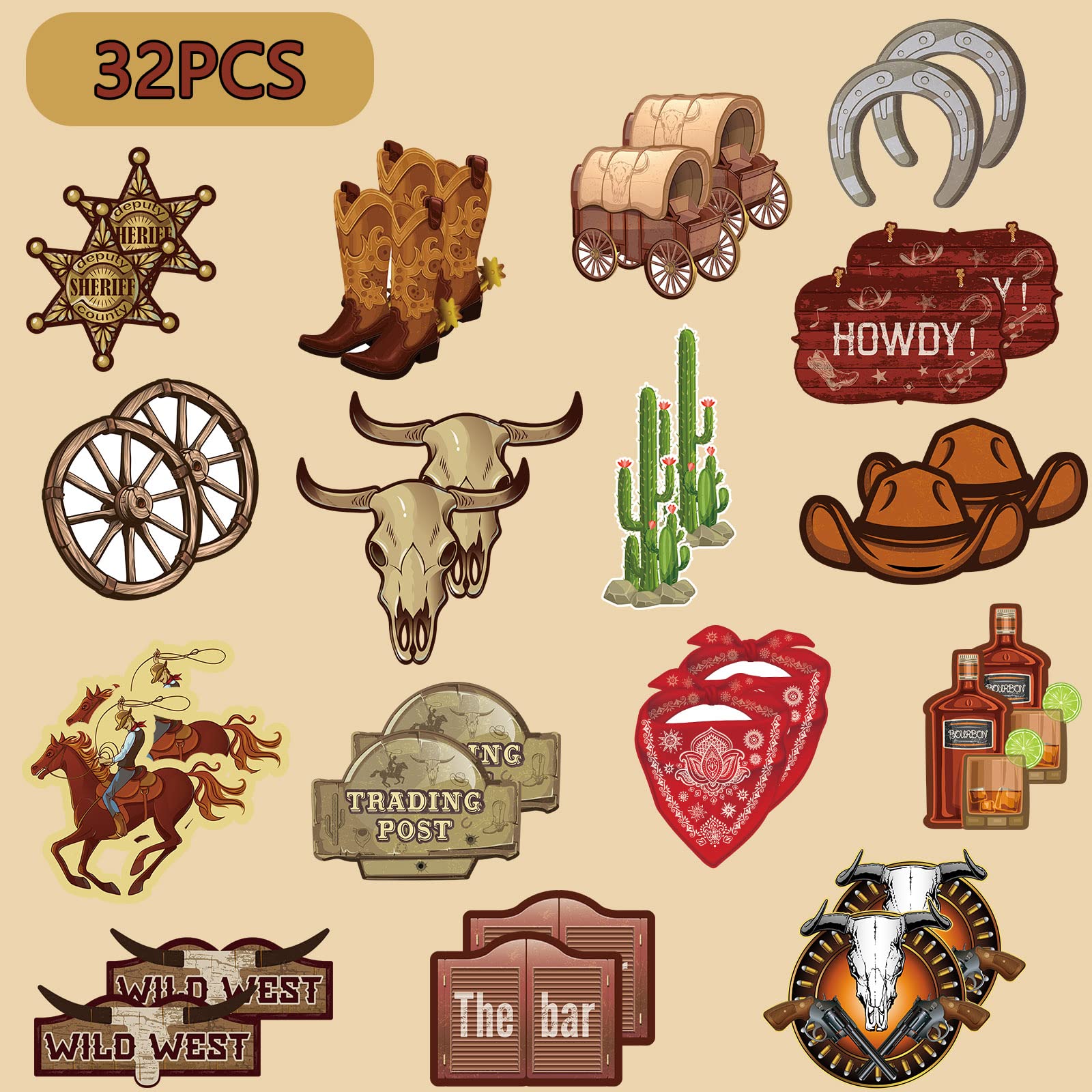 32-Piece Western Party Decorations Set - Cowboy Themed Party Favors, Wild West Cutouts & Country Decor for Birthday, Baby Shower & Western Theme Events