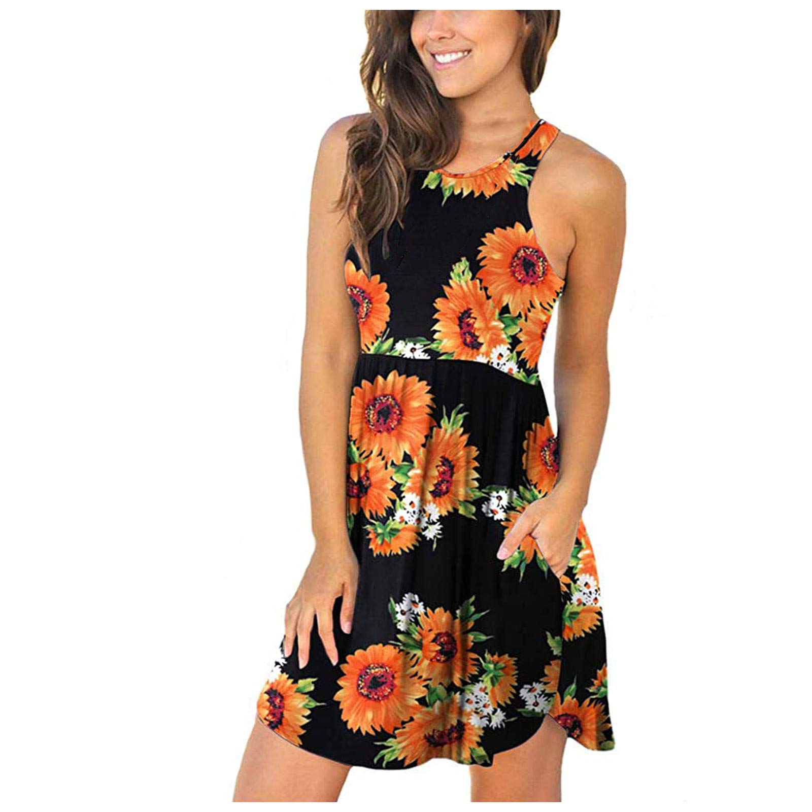 Women's Floral Print High Waist Swing Dress - Summer Round Neck Pullover with Pockets - Perfect for Beach Vacations, Date Nights & Casual Outings