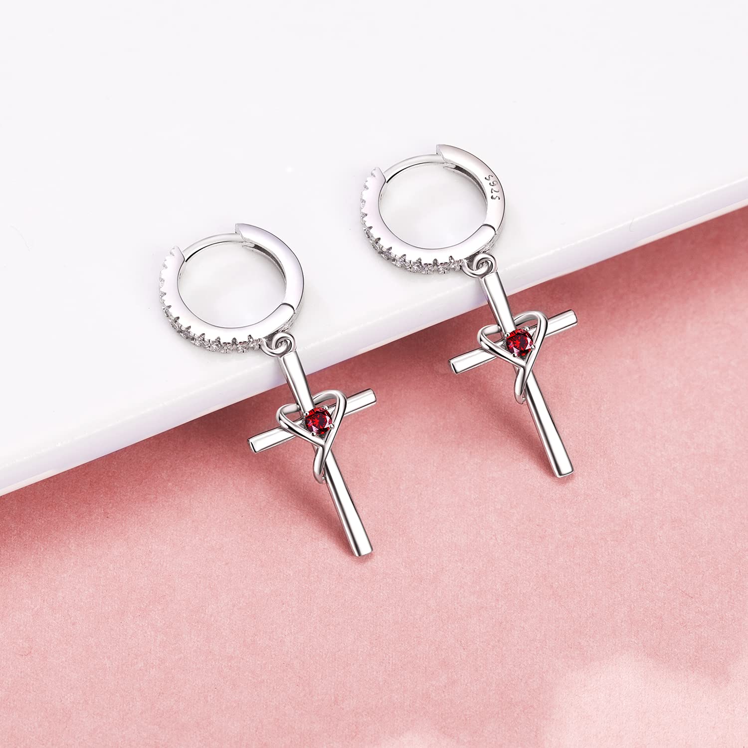AmorAime 925 Sterling Silver Heart & Cross Dangle Earrings for Women - 14k Gold Plated Birthstone Jewelry | Perfect Gift for Easter, Birthday, Anniversary & Everyday Wear