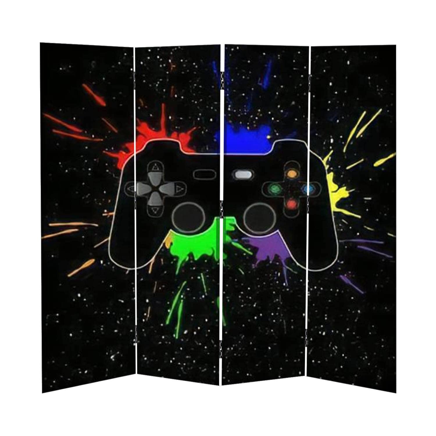 Black & White Dotted 4-Panel Canvas Room Divider with Game Joystick Design - Folding Privacy Screen for Bedroom, Office & Studio - Temporary Wall Partition for Home Decor & Space Separation