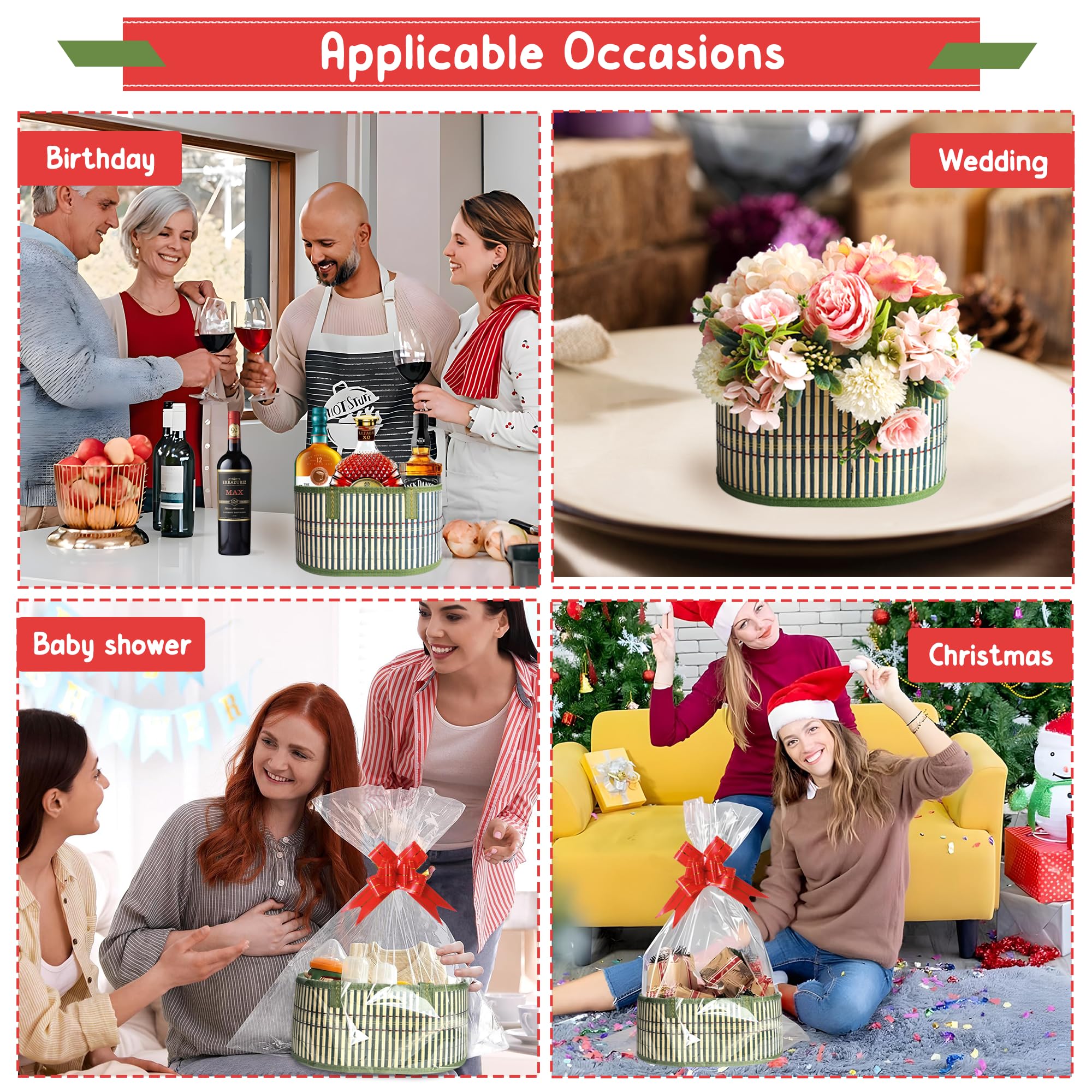 3-Piece Empty Gift Basket Set - Woven Bamboo Gift Baskets for Women, Birthday & Christmas Presents - Includes 3 Cellophane Wrap Bags & 3 Gift Cards - Perfect for Party Favors, Holiday Gifting & Special Occasions