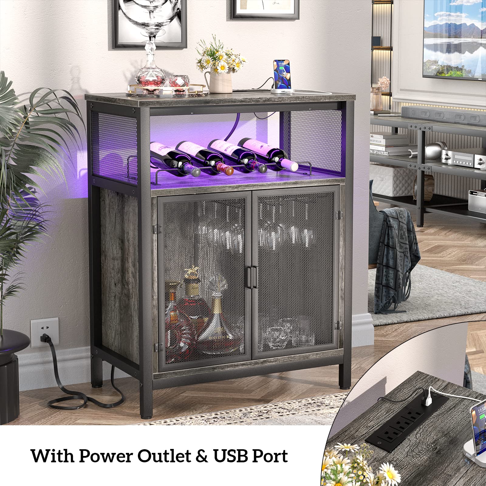 Unikito Modern Wine Bar Cabinet with RGB LED Lighting & Built-in Outlet - Freestanding Wine Rack Table with Glass Holder - Black Oak Floor Bar Cabinet for Home, Kitchen & Dining Room - Perfect for Entertaining Guests & Storing Liquor Bottles