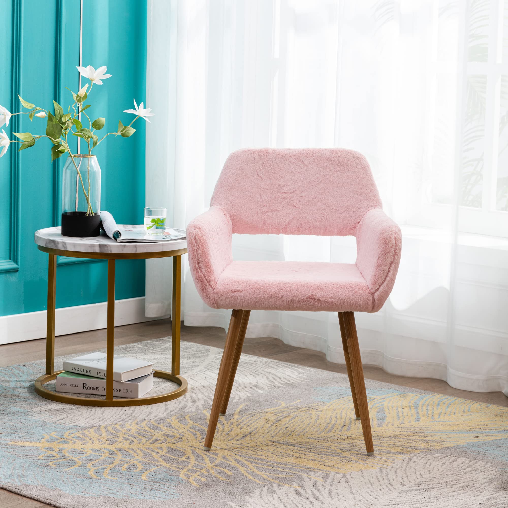 Mid-Century Modern Faux Fur Desk Chair Set of 2 - Pink Accent Armchairs with Wood-Look Metal Legs for Teen Girls, Living Room, Home Office & Vanity Makeup Station - Comfy Non-Rolling Seating for Study, Gaming & Relaxation