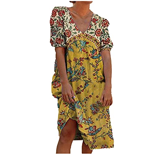 Boho Summer Dress for Women - Vintage V-Neck Floral Print Midi Dress - Casual Beach Dress in Yellow - Perfect for Vacations, Music Festivals & Outdoor Parties