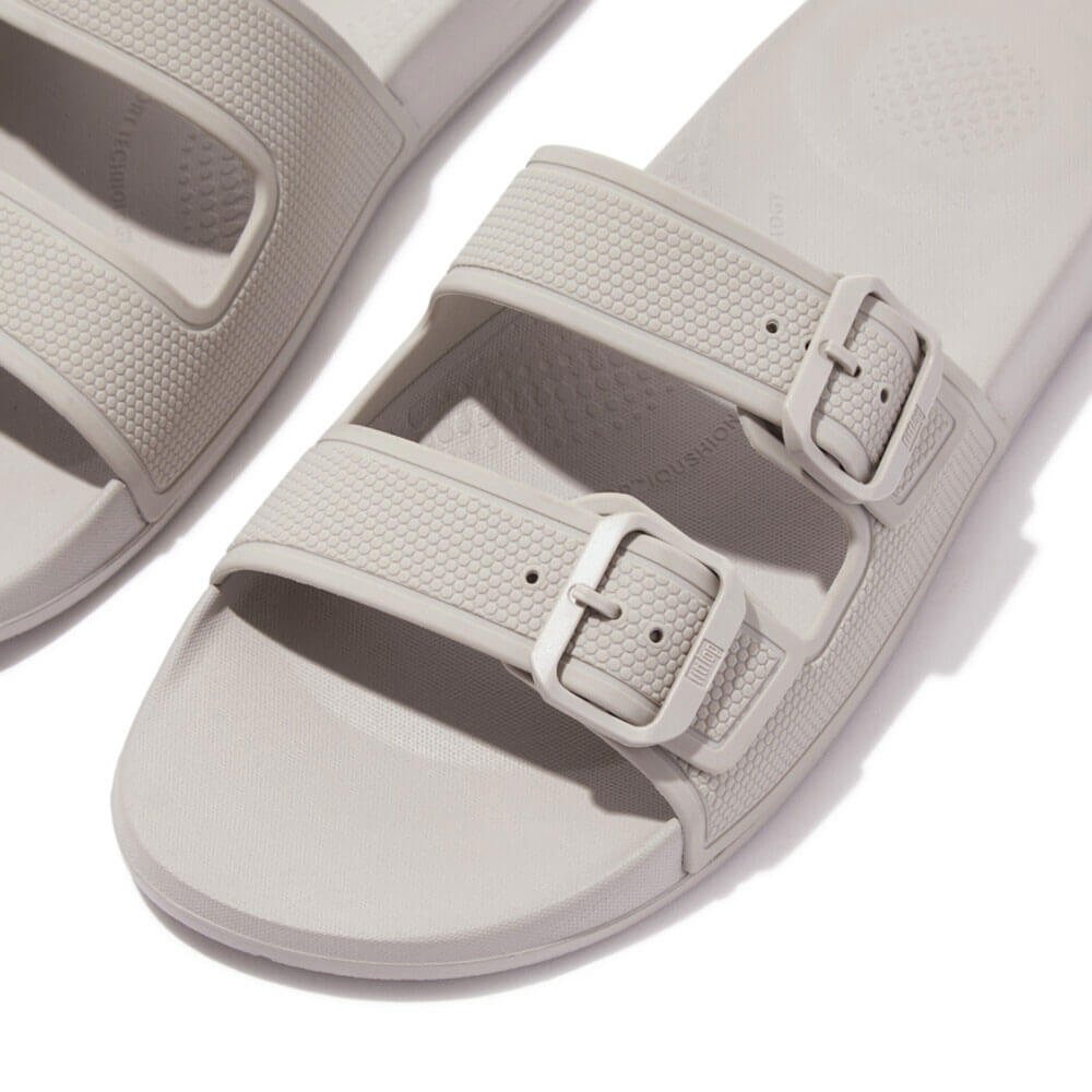 FitFlop Men's Iqushion Two Bar Buckle Slides - Comfortable Sandals for Walking & Casual Wear - Clay Grey Color | Perfect for Beach, Poolside & Summer Outfits